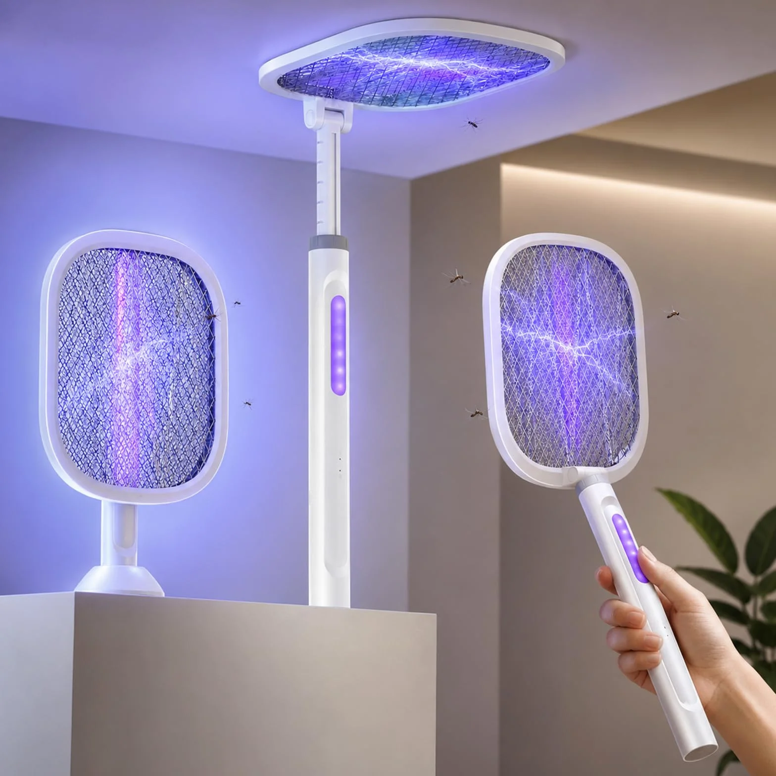 Raqueta Mosquitos Eléctrica Recargable USB-C (Pack de 2), 5000V Matamoscas Eléctrico 2 en 1 con Luz Nocturna, Cabezal Plegable 180° y Mango Telescópico 61-72 cm, 2000mAh, Mata Mosquitos para Interior