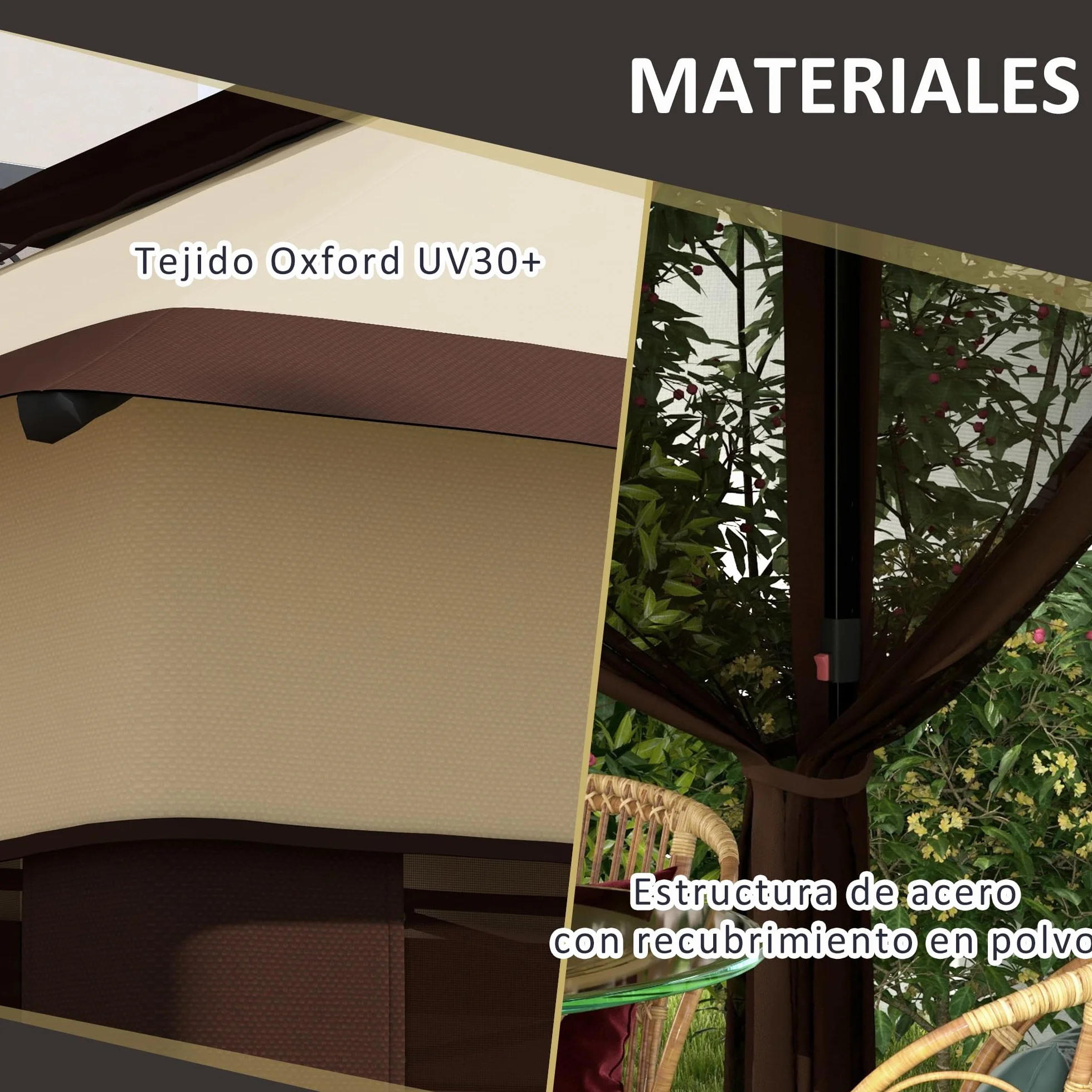 Outsunny Carpa Plegable 3x3x2,7 m Cenador de Jardín con Doble Techo Altura Ajustable 4 Mosquiteras Protección UV30+ Impermeable y Bolsa Gazebo para Exterior Fiestas Camping Beige y Café