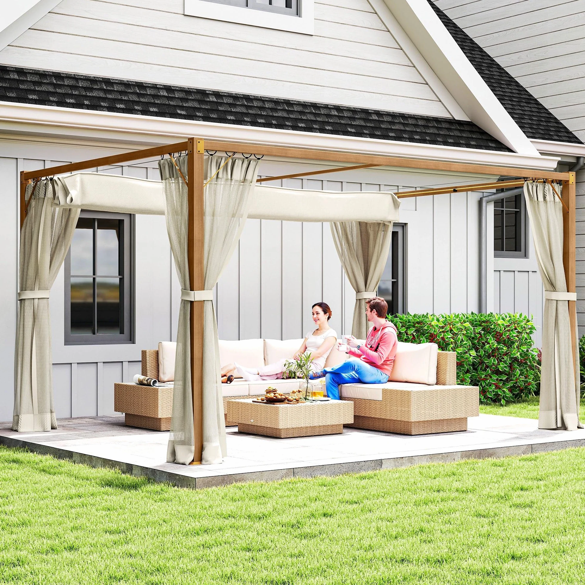 Outsunny Pérgola de Jardín 3x4 m con Techo Retráctil y 4 Paredes Laterales de Malla, Cenador de Jardín con Estructura de Aluminio, UPF30+, Pabellón para Exterior, Patio, Terraza, Natural