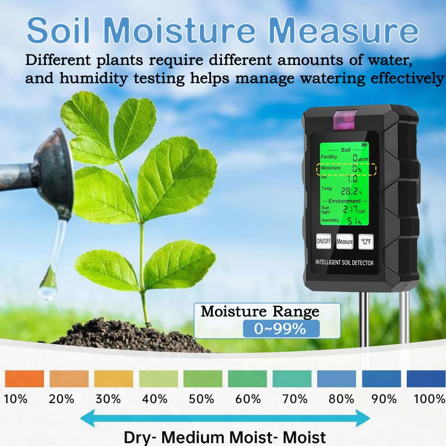 Medidor de Suelo 6 en 1 pH Humedad Temperatura Luz Solar Doble Sonda Pantalla LCD