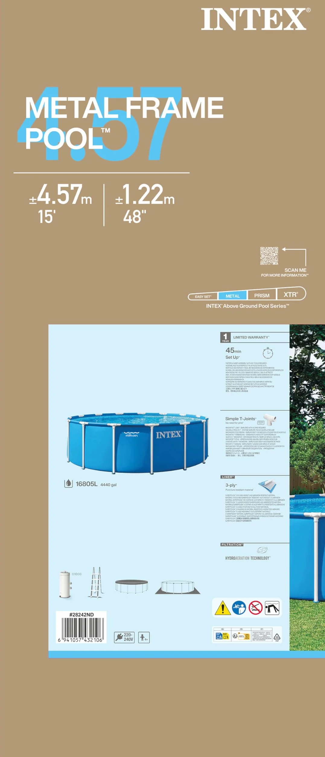 Intex Piscina Desmontable Metal Frame D457x122 cm 16.805 litros Escalera Tapiz Cobertor Depuradora Cartucho Ø32 mm