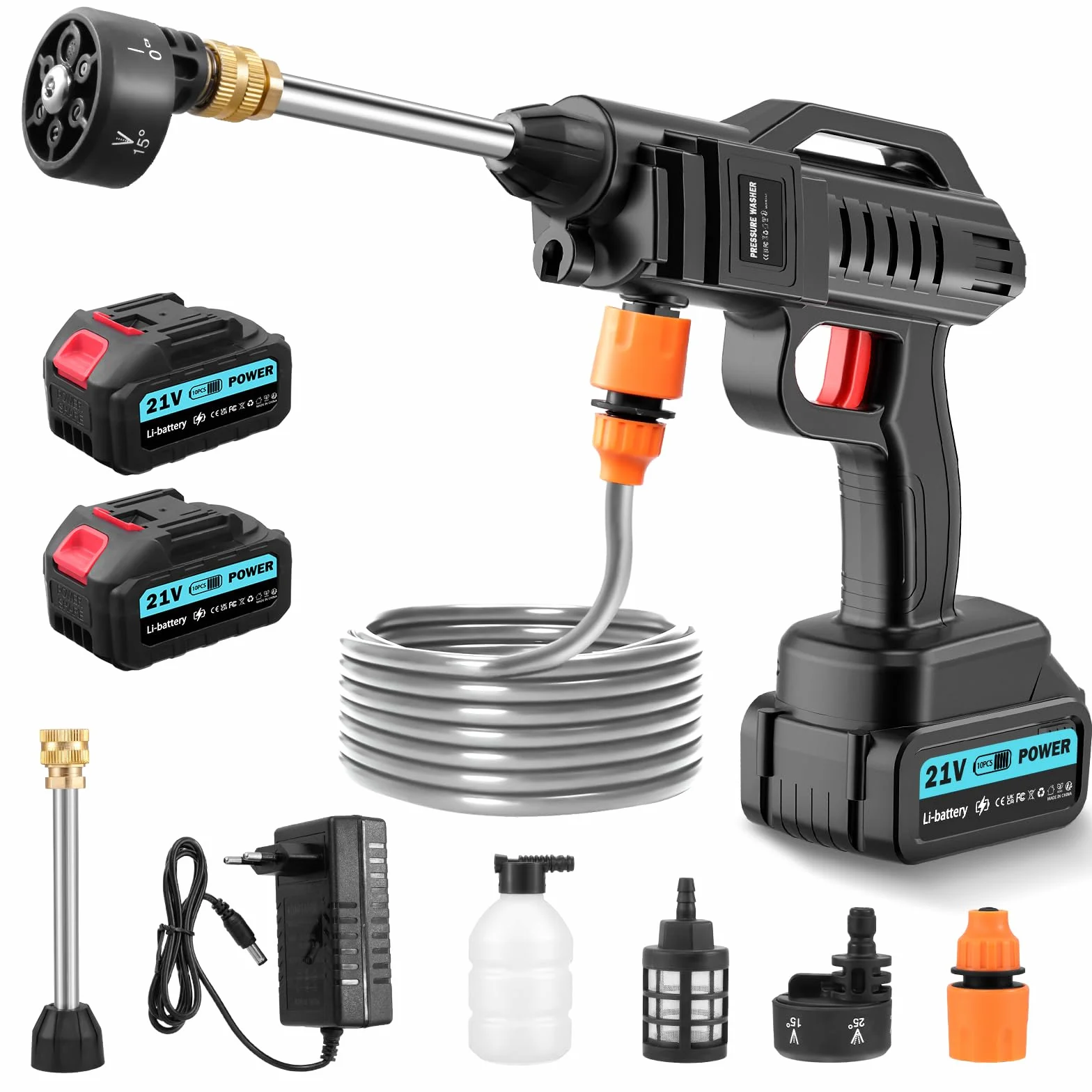 Hidrolimpiadora inalámbrica,62 Bares limpiadora de Alta presión de 21 V con 2 baterías,Boquilla multifunción 6 en 1,Manguera de 5 m, depósito de Filtro,para Coches,céspedes,Piscinas,Ventanas,Jardines
