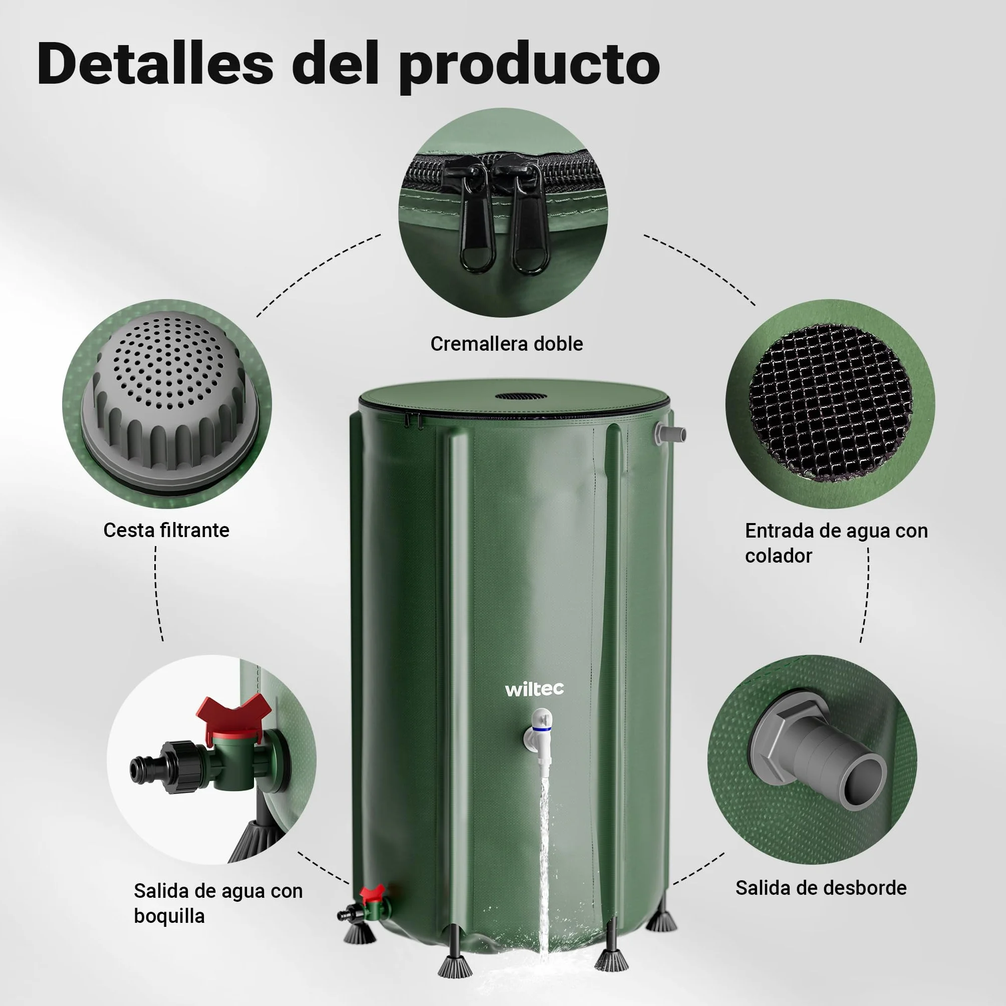Wiltec Barril de Lluvia Plegable 250 litros PVC Tanque Agua Flexible con Grifo y Tapa