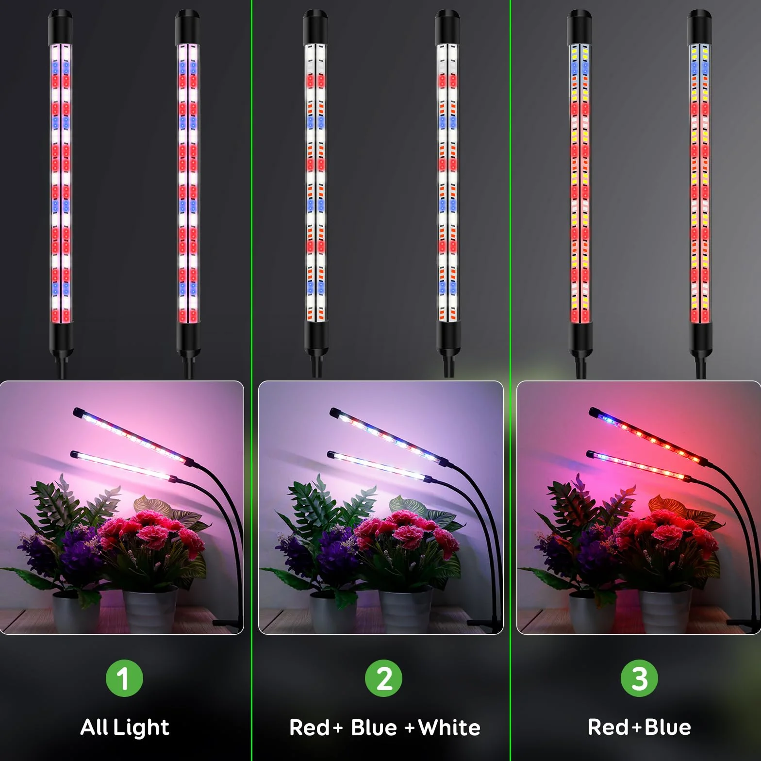Lámpara para plantas 2 cabezales, luz crecimiento espectro completo interior, temporizador 6/12/18h Rojo+Azul
