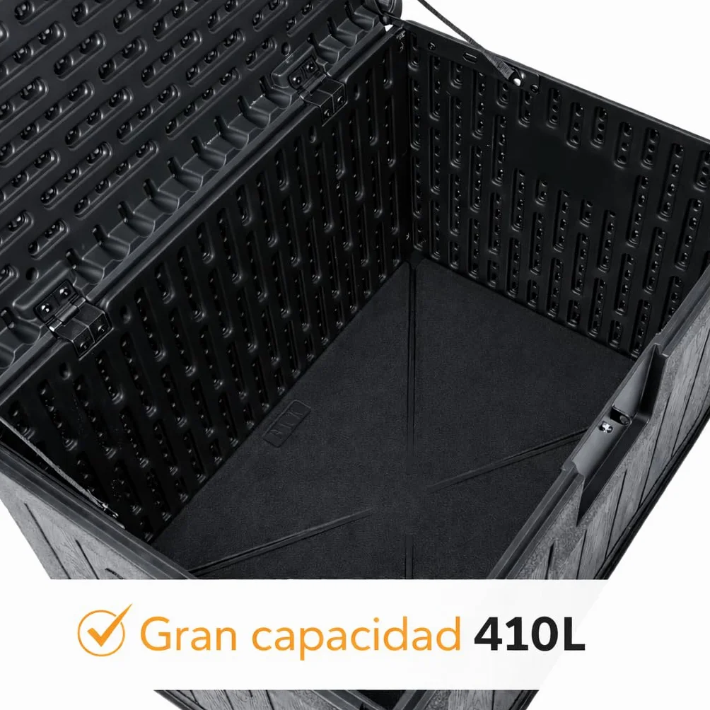 Baúl exterior almacenaje resina impermeable multiusos 410L | Arcón jardín resistente intemperie | Cofre organizador tapa asas