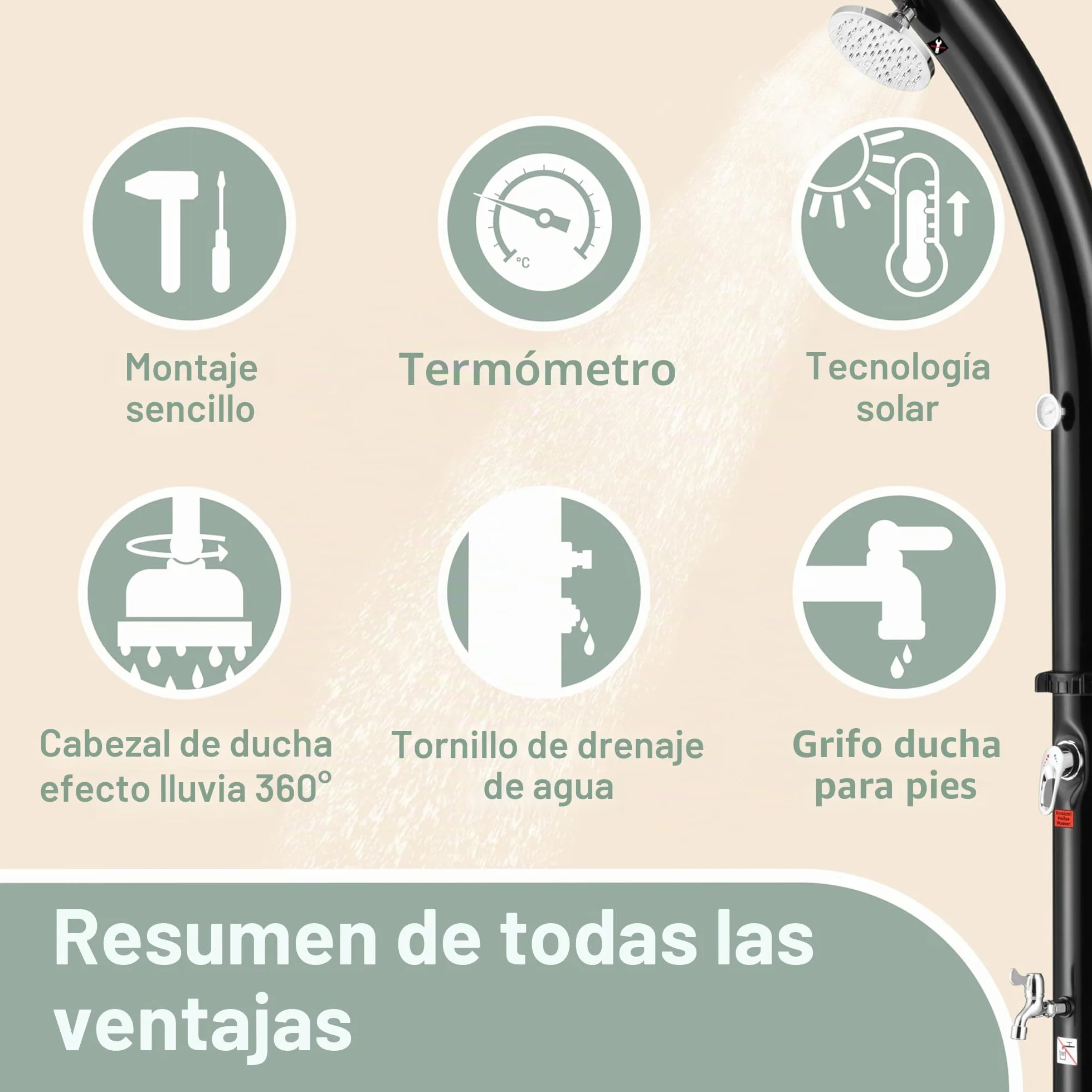 Monzana Ducha Solar Exterior 20L Cabezal Giratorio Lluvia Grifo Metal Conexión Rápida Manguera Agua Caliente Resistente Intemperie Camping Piscina Cubierta Protectora Negro