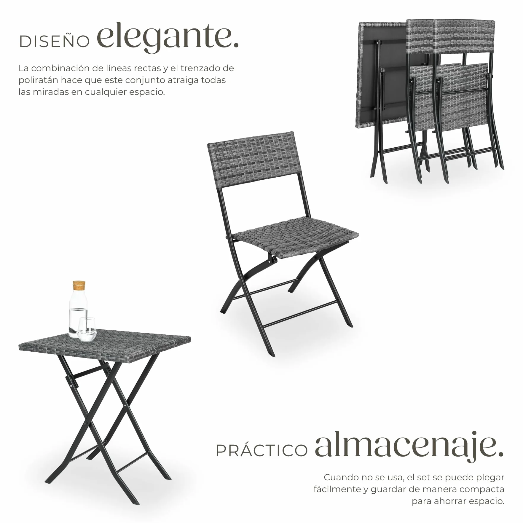 tectake Conjunto Jardín Exterior de Ratán y Acero para 2 Personas, Muebles Resistentes a Intemperie, Plegable, Gris