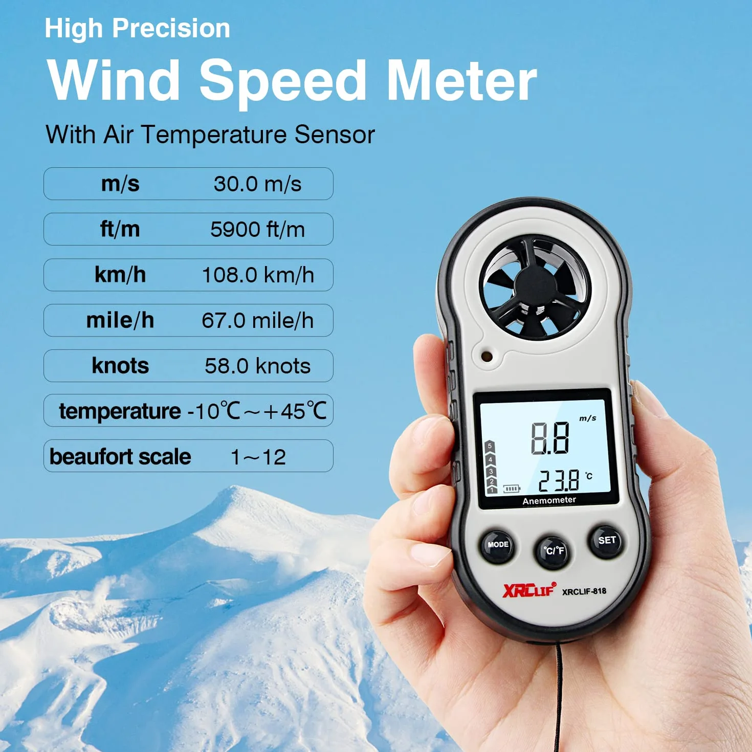 Anemómetro digital de velocidad del viento medidor de flujo de aire para temperatura y velocidad gris