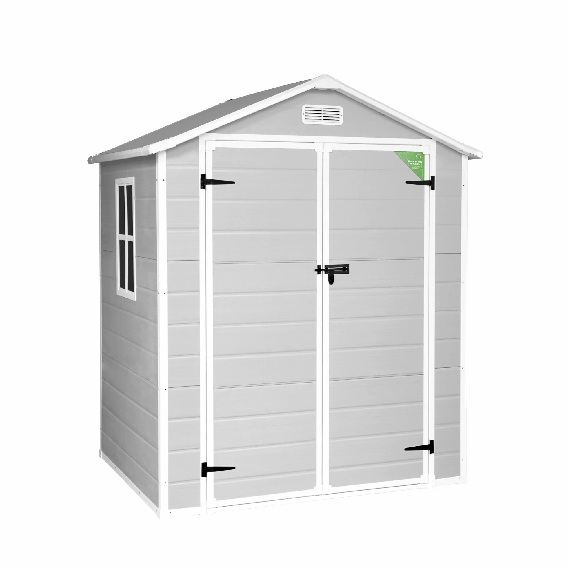 Caseta Jardín Resina Aqua 2.6 Ventana Luz Natural Suelo Incluido Paneles 12mm Gris Blanco Armario PVC Exterior 2,39m2 Techo Dos Aguas