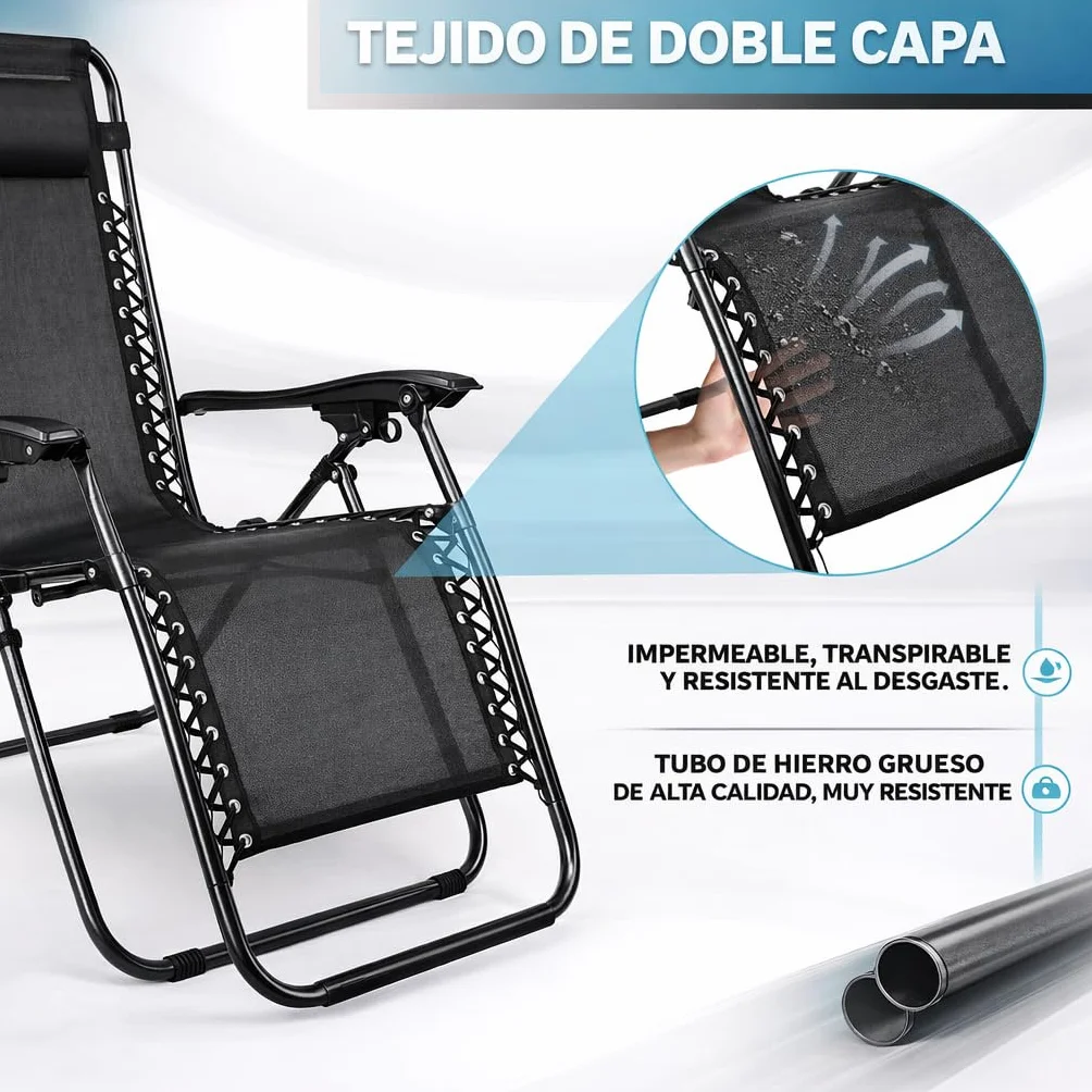 Tumbonas Plegables Exterior 150kg Portavasos Reposacabezas Pack 2