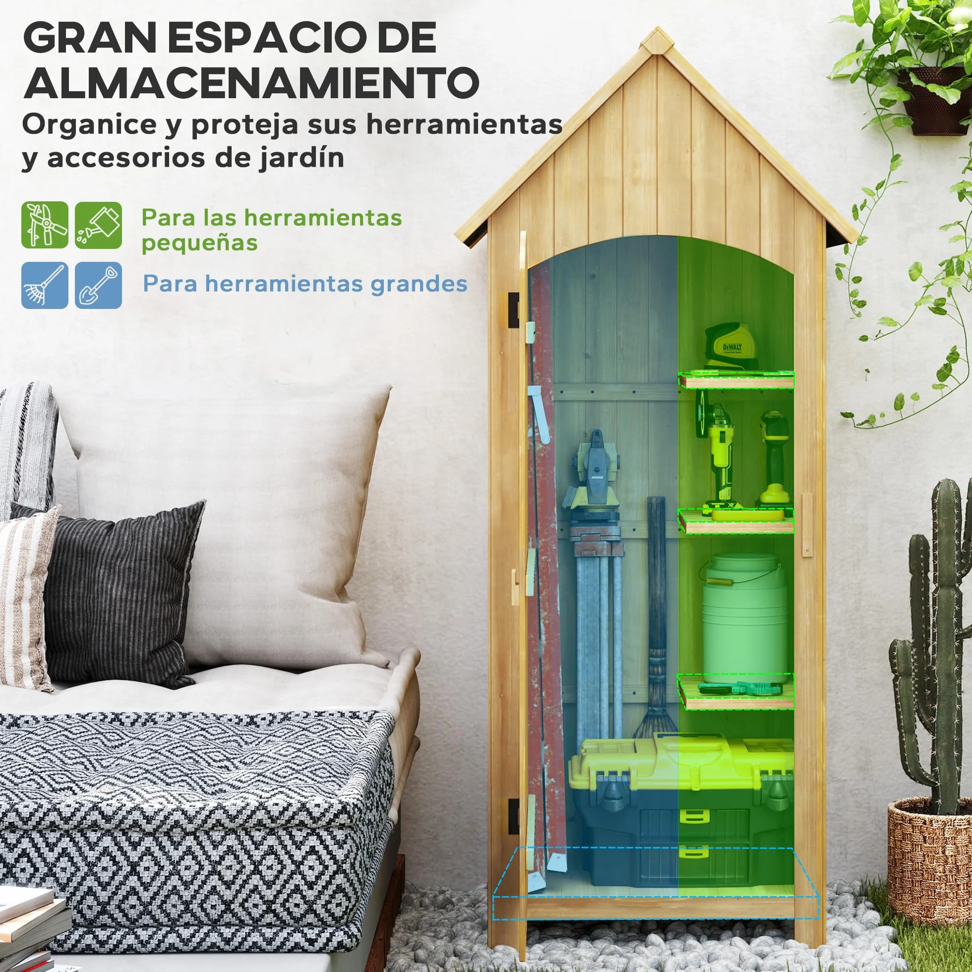 Outsunny Caseta Jardín Exterior Madera 77,5x54,2x179,5 cm 0,3 m² Cobertizo Almacenaje Herramientas 3 Estantes 2 Puertas Cerrojo