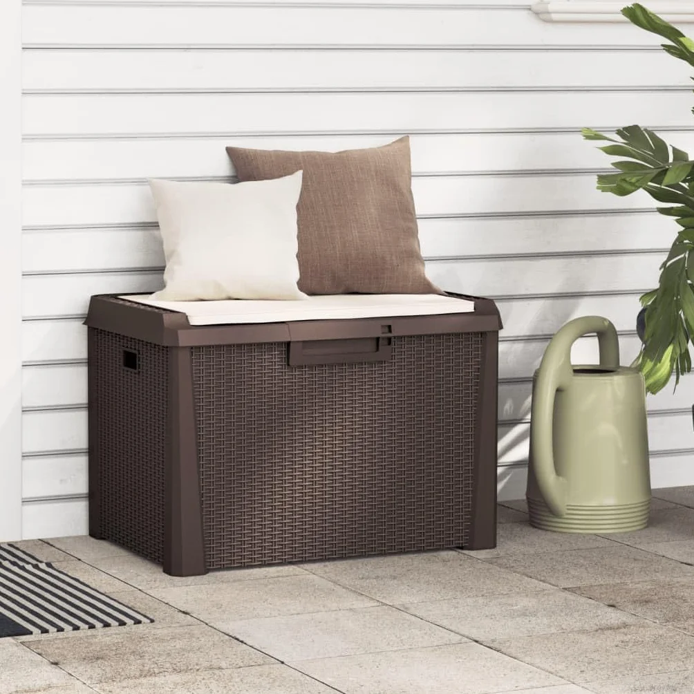 vidaXL Caja Almacenaje Jardín Cojín Asiento Cerradura Exterior Baúl Patio PP Marrón 125 L