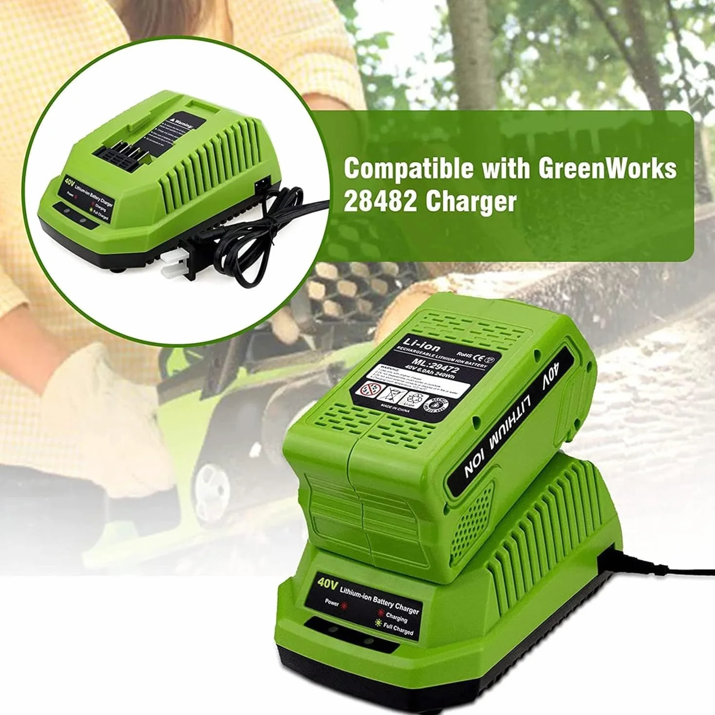 Batería de repuesto de 40 V para Greenworks 40 V 2.0 Ah, compatible con todas las herramientas eléctricas G-MAX de 40 V G40B2 G40B4 G40B5 G40B25 29462 29472 20202 20302 25312 25322 (capacidad real)