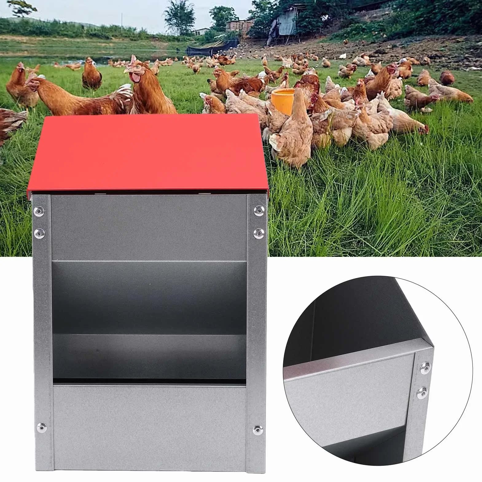 Naroote Comedero para Pollos Galvanizado para Cocina Al Aire Libre, Capacidad de 10 Libras |Comedero para Aves de Corral Resistente a la Intemperie, Montaje en Pared, sin Desperdicio, Galvanizado y