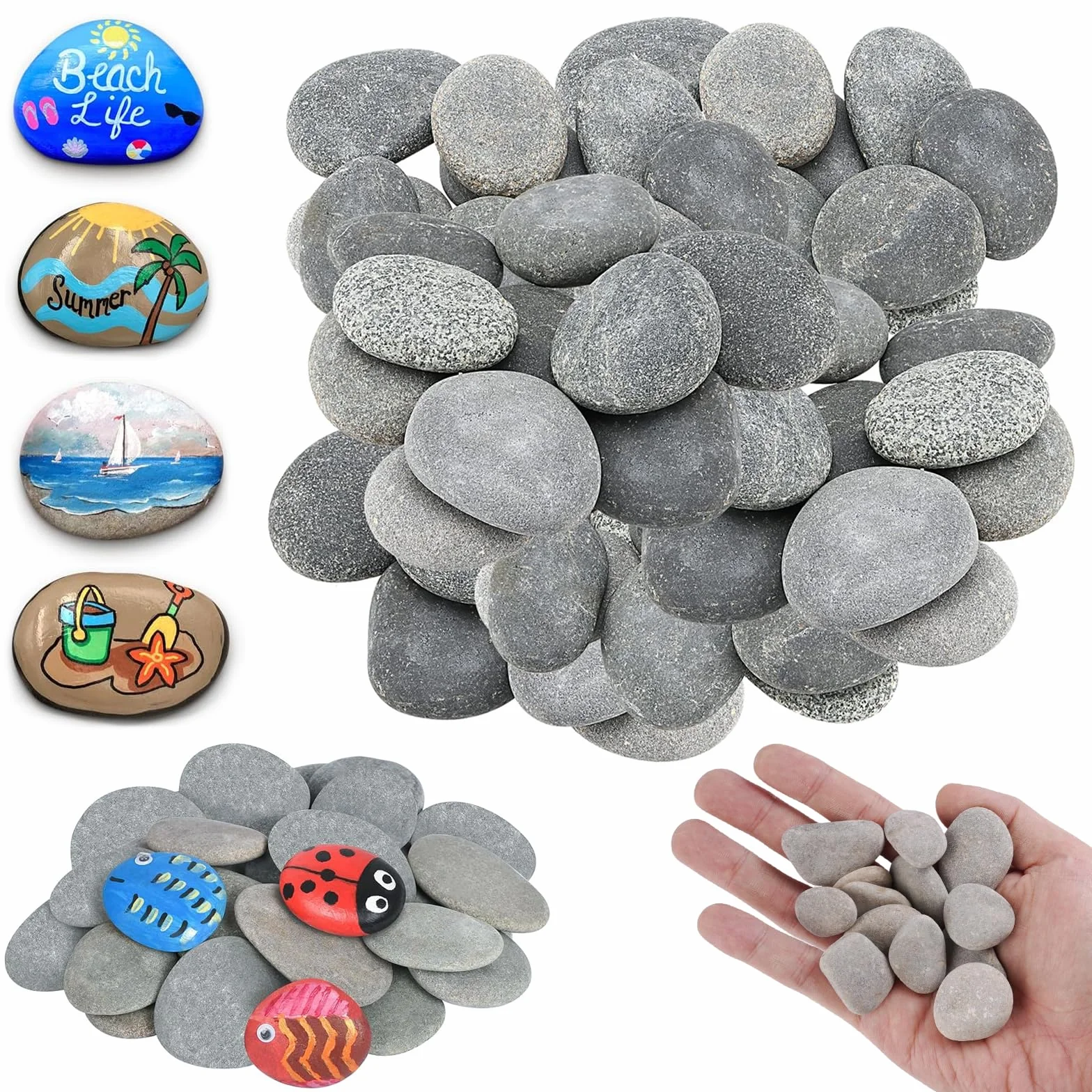 Piedras para Pintar de Roca, 50 Piezas, 1-3cm y 3-5cm, Guijarros de Playa, Manualidades, Decoración de Jardín