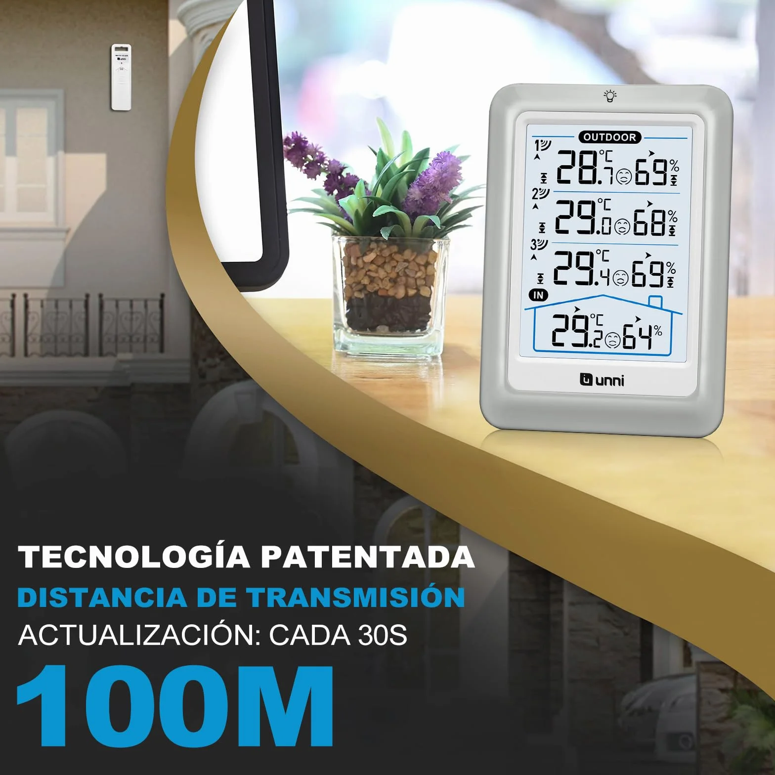 Termómetro inalámbrico con 3 sensores, pantalla 4.5 pulgadas, alcance 100 m, retroiluminación ajustable