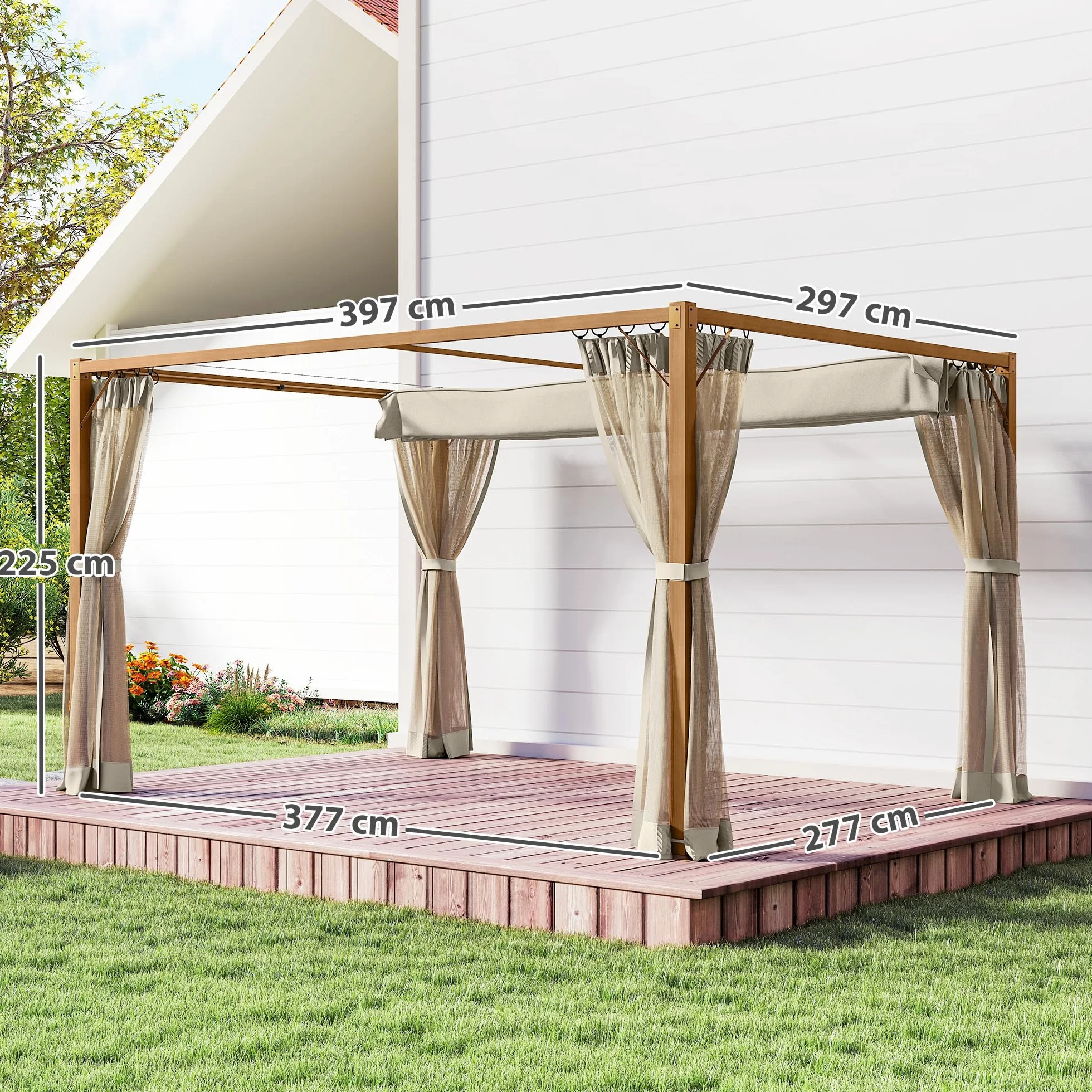 Outsunny Pérgola de Jardín 3x4 m con Techo Retráctil y 4 Paredes Laterales de Malla, Cenador de Jardín con Estructura de Aluminio, UPF30+, Pabellón para Exterior, Patio, Terraza, Natural