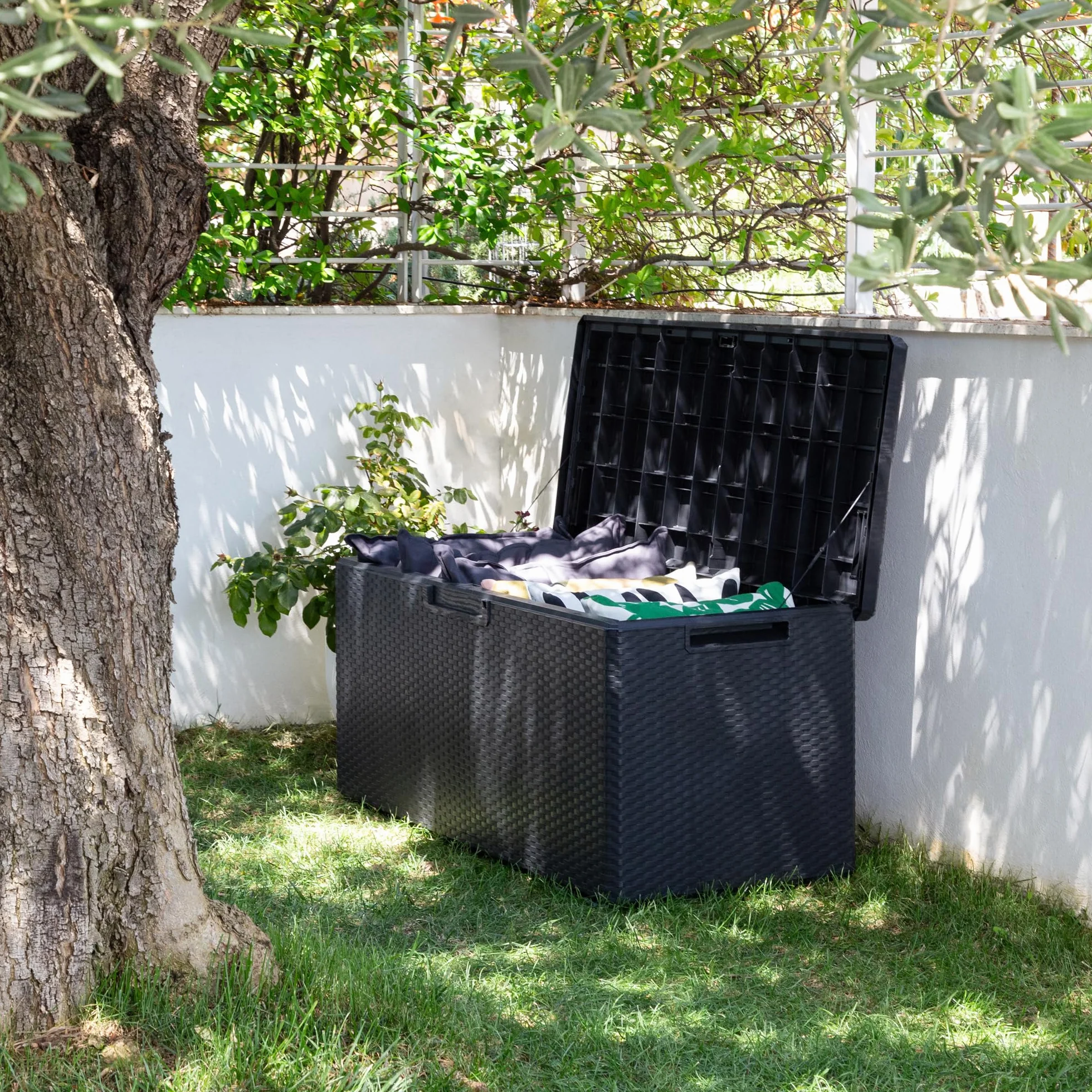 Toomax Baúl multibox Portofino Exterior con Asiento 340 litros Efecto Madera Antracita 123,7x54,5x56,2 cm