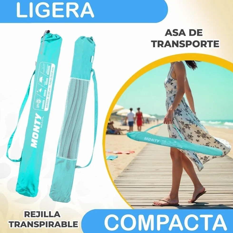 LOLAhome Sombrilla Playa 220 cm protección UV+50 antiviento Varillas Flexibles Fibra
