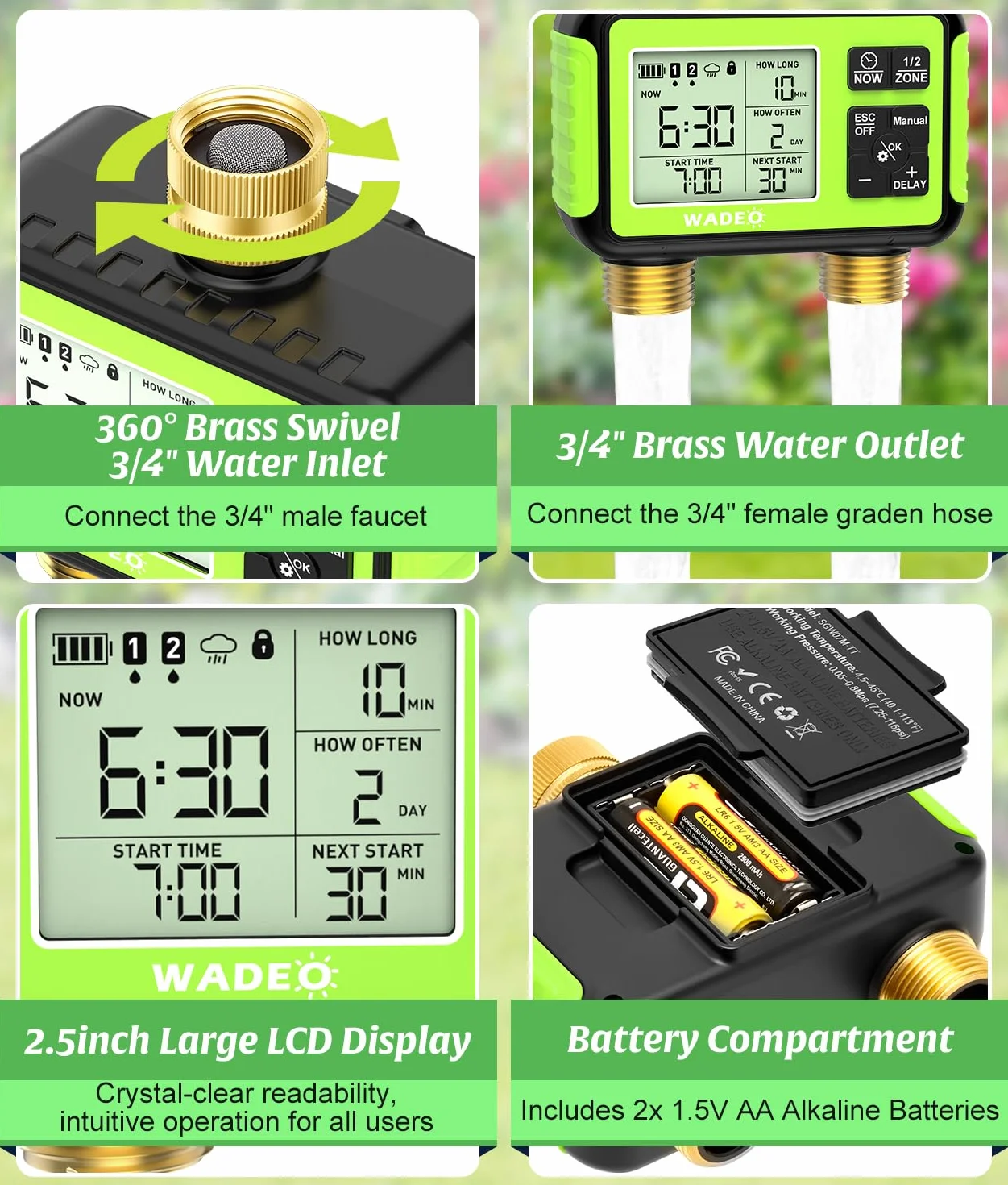 WADEO Programador de riego 2 Salidas, latón, Pantalla LCD, Temporizador de Agua automático/Manual/retardo por Lluvia