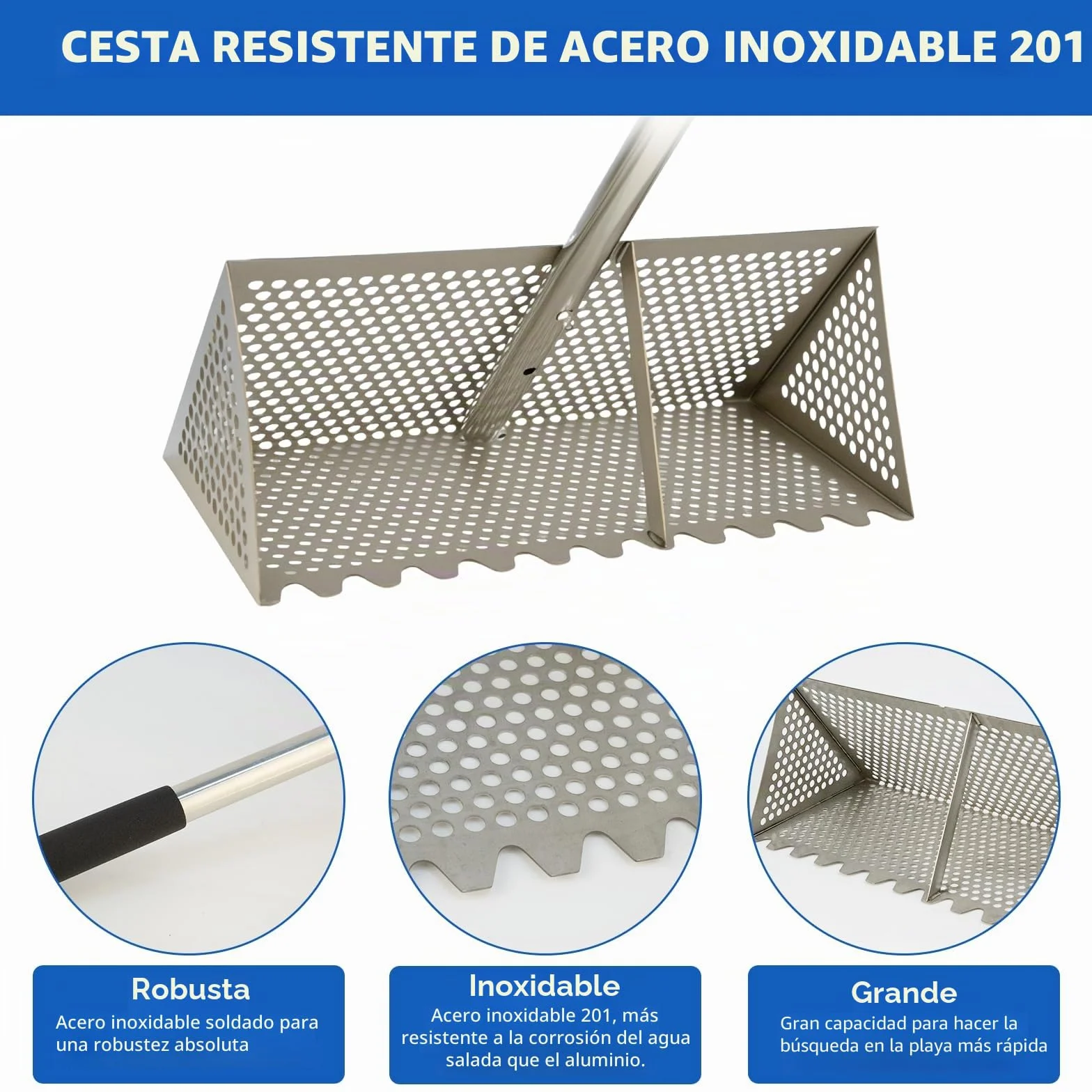 Colador de arena de acero inoxidable con cesta trapezoidal ancha, rastrillo de playa extraíble de mango largo