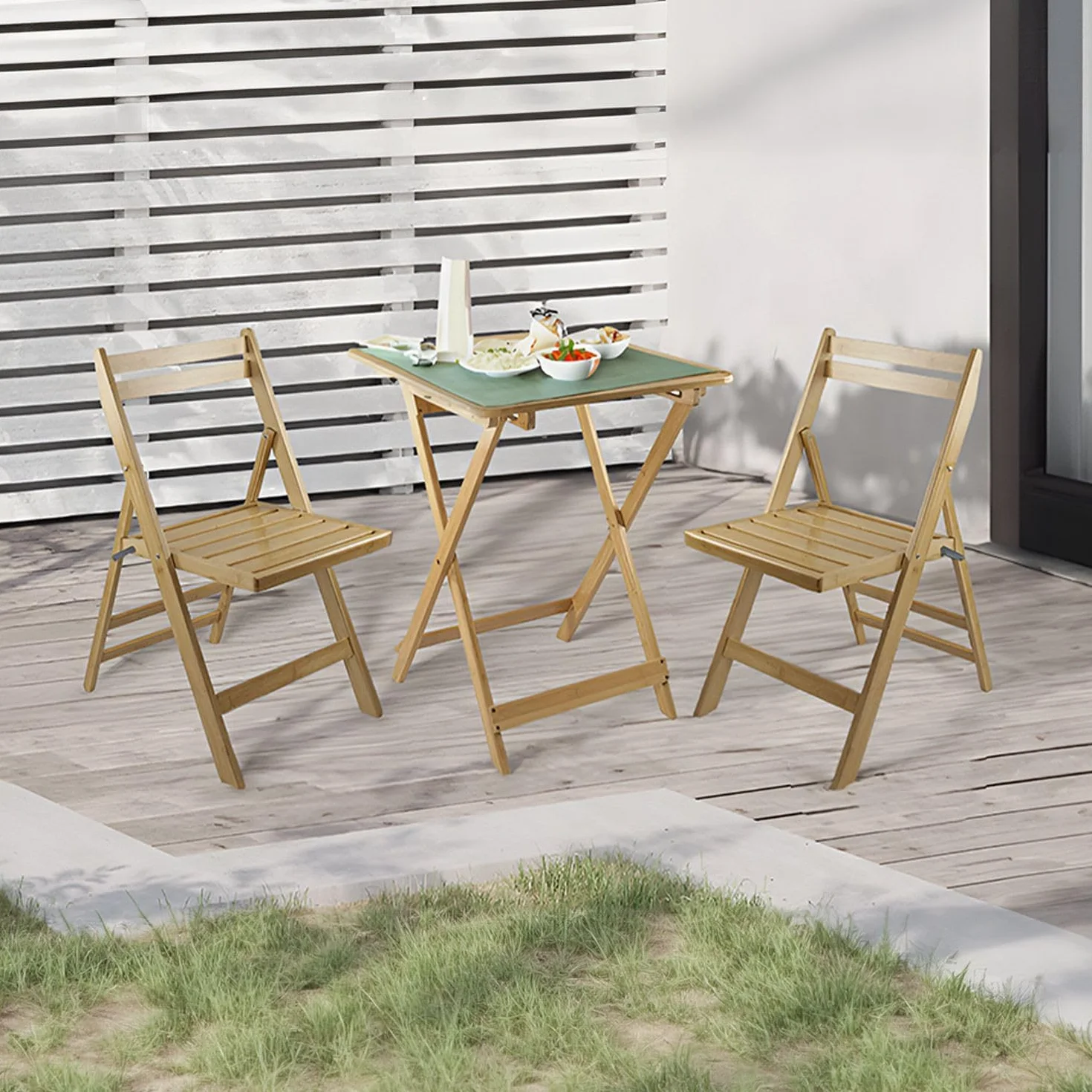 Conjunto de Terraza Plegable Mesa Cuadrada y 2 Sillas Bambú 7H SEVEN HOUSE