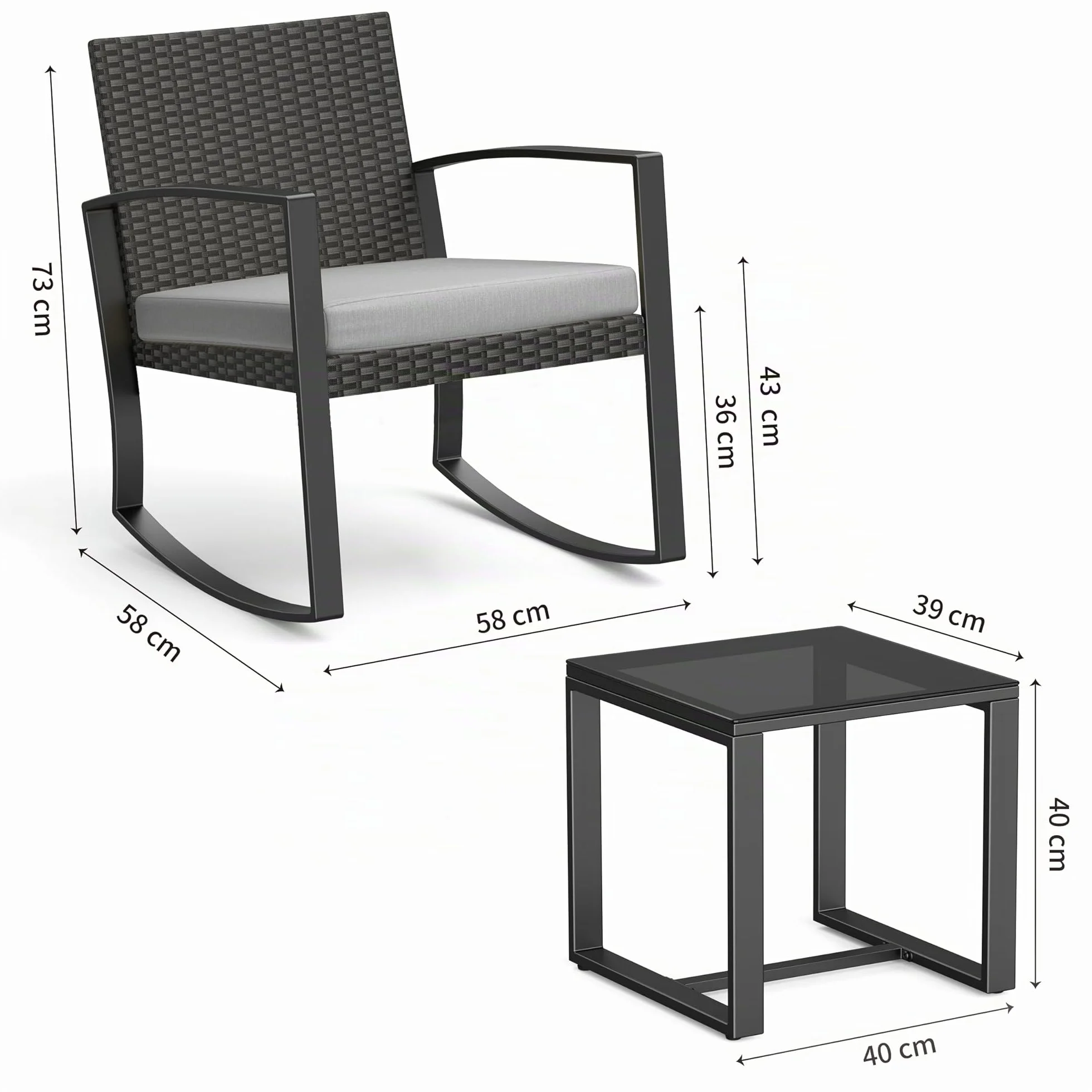 Bealife Conjunto Muebles de Jardín 3 Piezas, 2 Sillas Mecedoras de Ratán Sintético con Cojines y 1 Mesa Auxiliar, Juego de Balcón, Terraza y Patio, Exterior Resistente a la Intemperie (Gris)