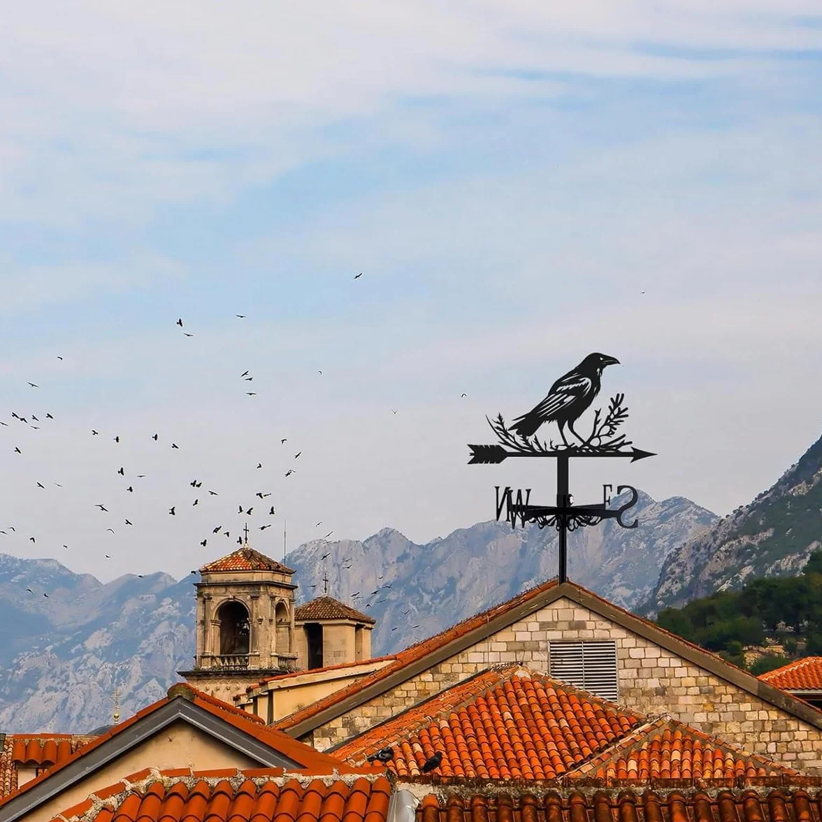 Veleta de Metal con Forma de Cuervo, Indicador Dirección Viento, Adorno Jardín Techo
