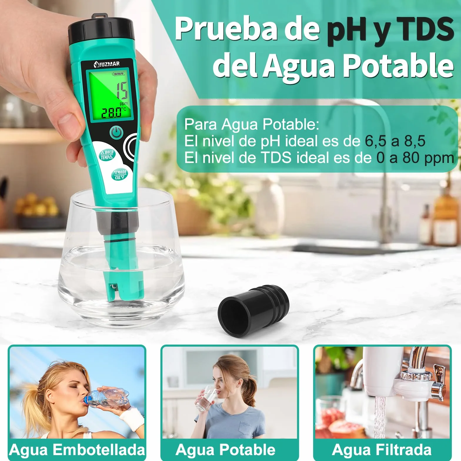 UIUZMAR Medidor de Cloro y pH Piscina, Medidor de Salinidad y Cloro Libre Digital, Comprobador de 7 en 1 pH, EC, TDS, Salinidad, ORP y Cloro para Piscinas, Hidroponía, Acuarios, Spas