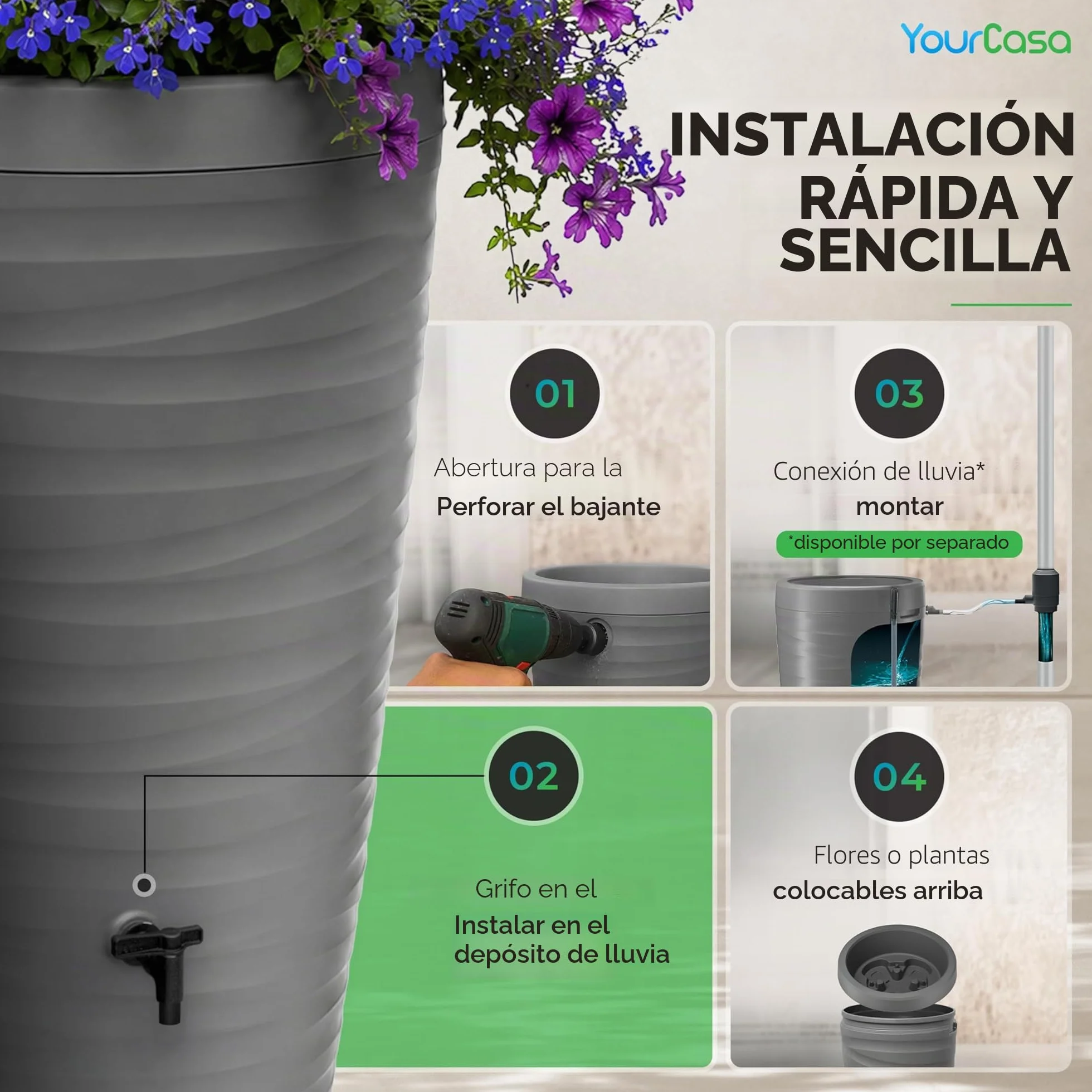 Recuperador de Agua de Lluvia 240 L Con Grifo Depósito de Plástico Diseño de Onda