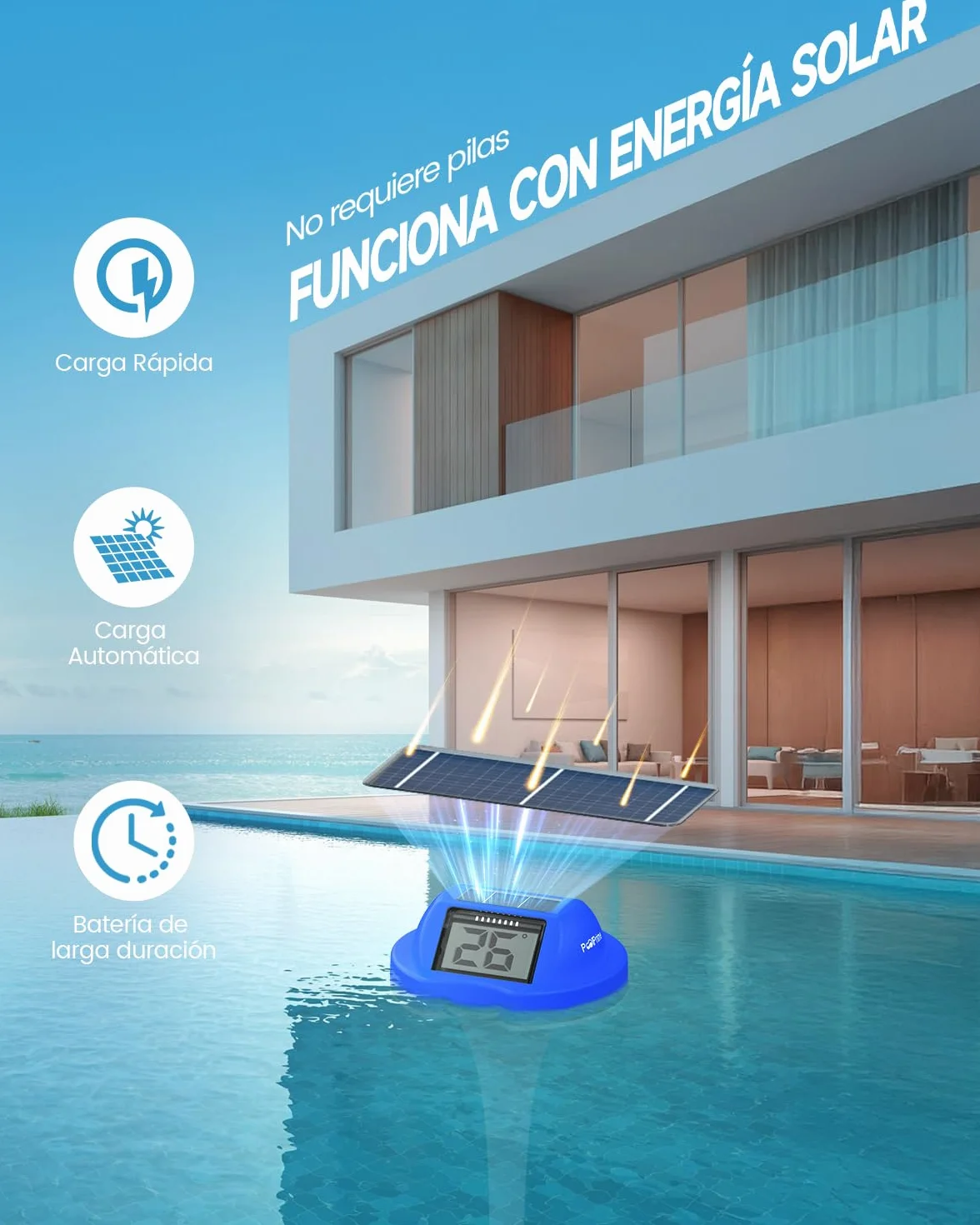 Termómetro Piscina Flotante Doble Pantalla Digital IPX7 para Bañeras de Hidromasaje y Piscinas
