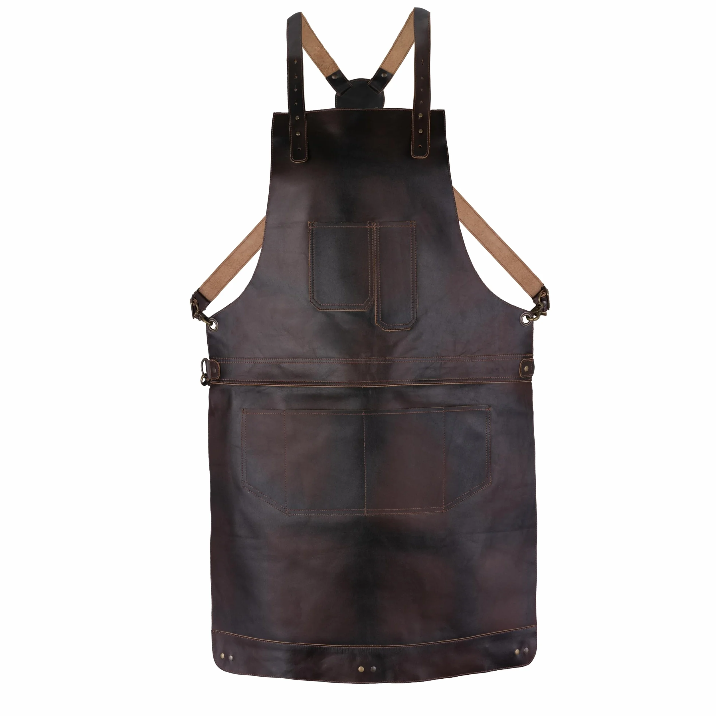 Delantal cruzado de cuero de grano completo marrón oscuro para carnicero, cocinero, barbacoa, cocina, herrero, barbero, carpintería