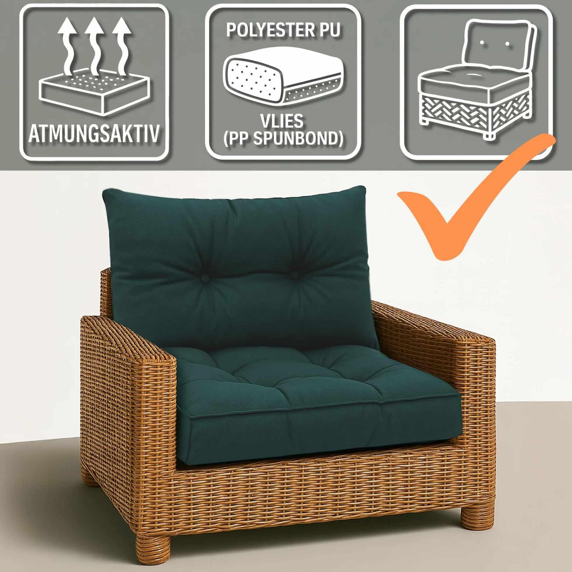 Cojín Lounge Muebles Jardín 60x60 cm Respaldo 40x60 cm Rattan Verde