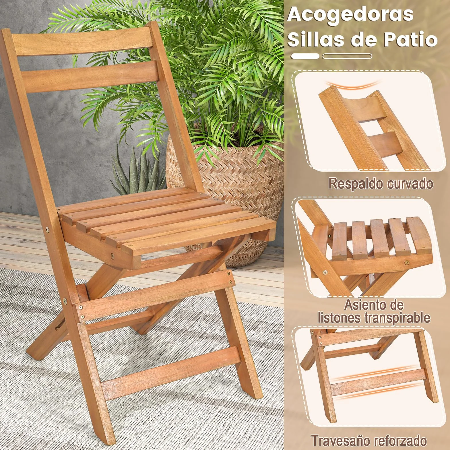 COSTWAY Conjunto Mesa y Sillas Jardin, Mesa Redonda y 2 Sillas Plegables de Madera de Acacia para Exterior