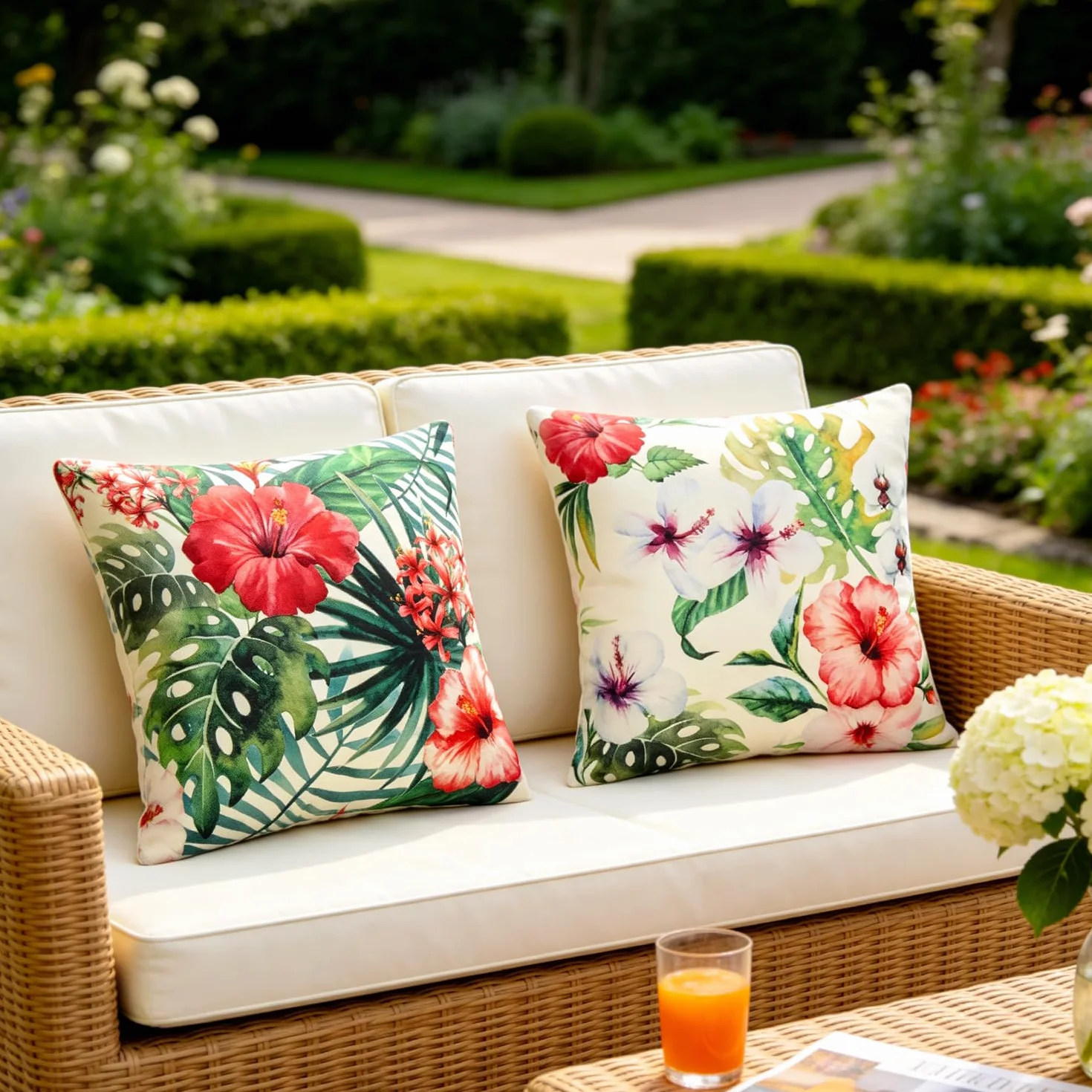 Funda Cojin Exterior Impermeable 45x45 CM Flor Colorida Hojas Monstera Lino Sofa Jardin 2 Piezas