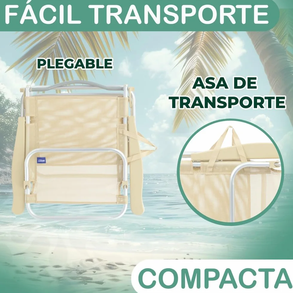 LOLAhome Sillas Playa Plegables Beige Aluminio 4 Posiciones Respaldo Textileno Transpirable