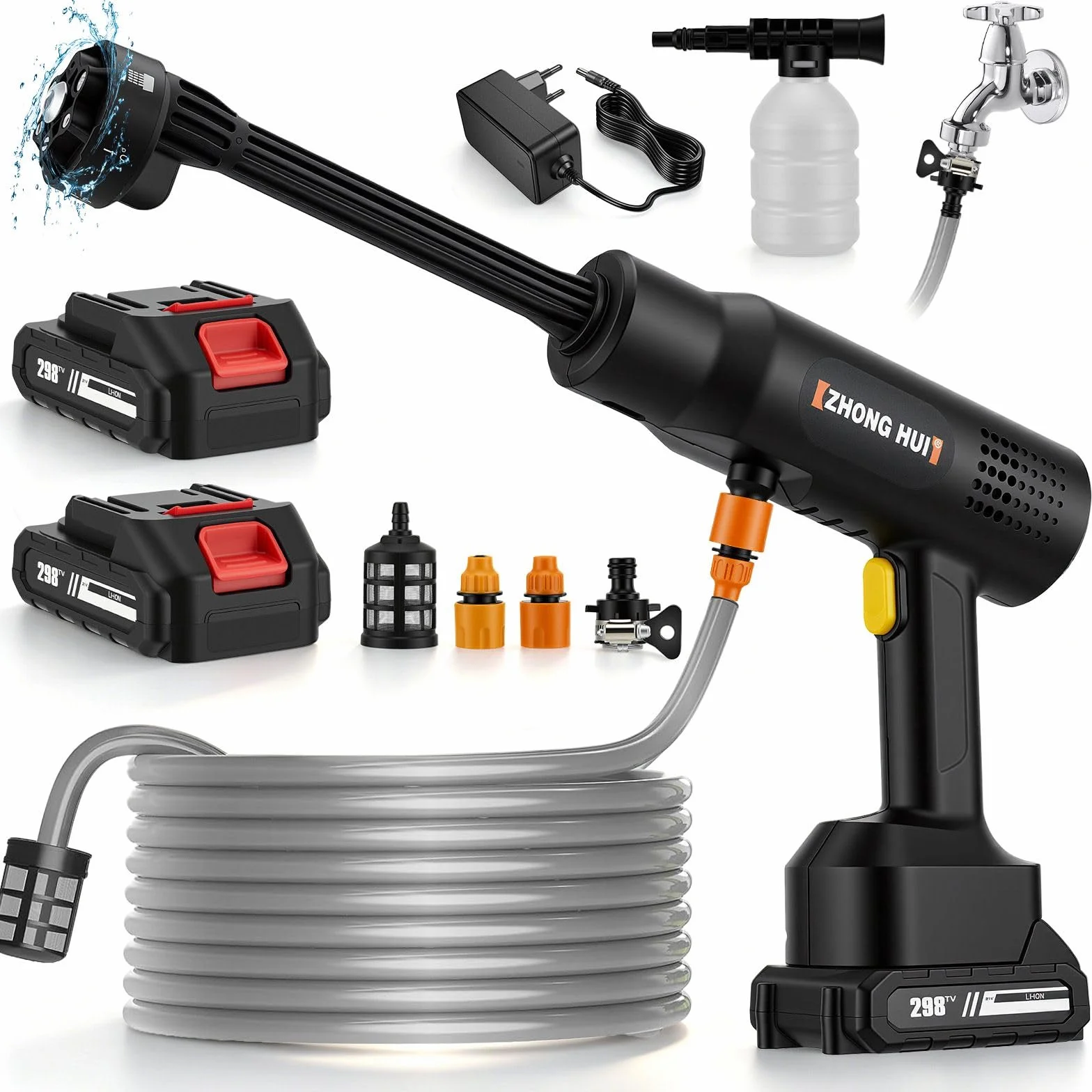 Limpiador de alta presión con batería con boquilla multifunción 6 en 1, 2 baterías de 6,0 Ah, 240 l/h, manguera de 5 m, limpiador de alta presión portátil para lavado de coches, ventanas, jardín y