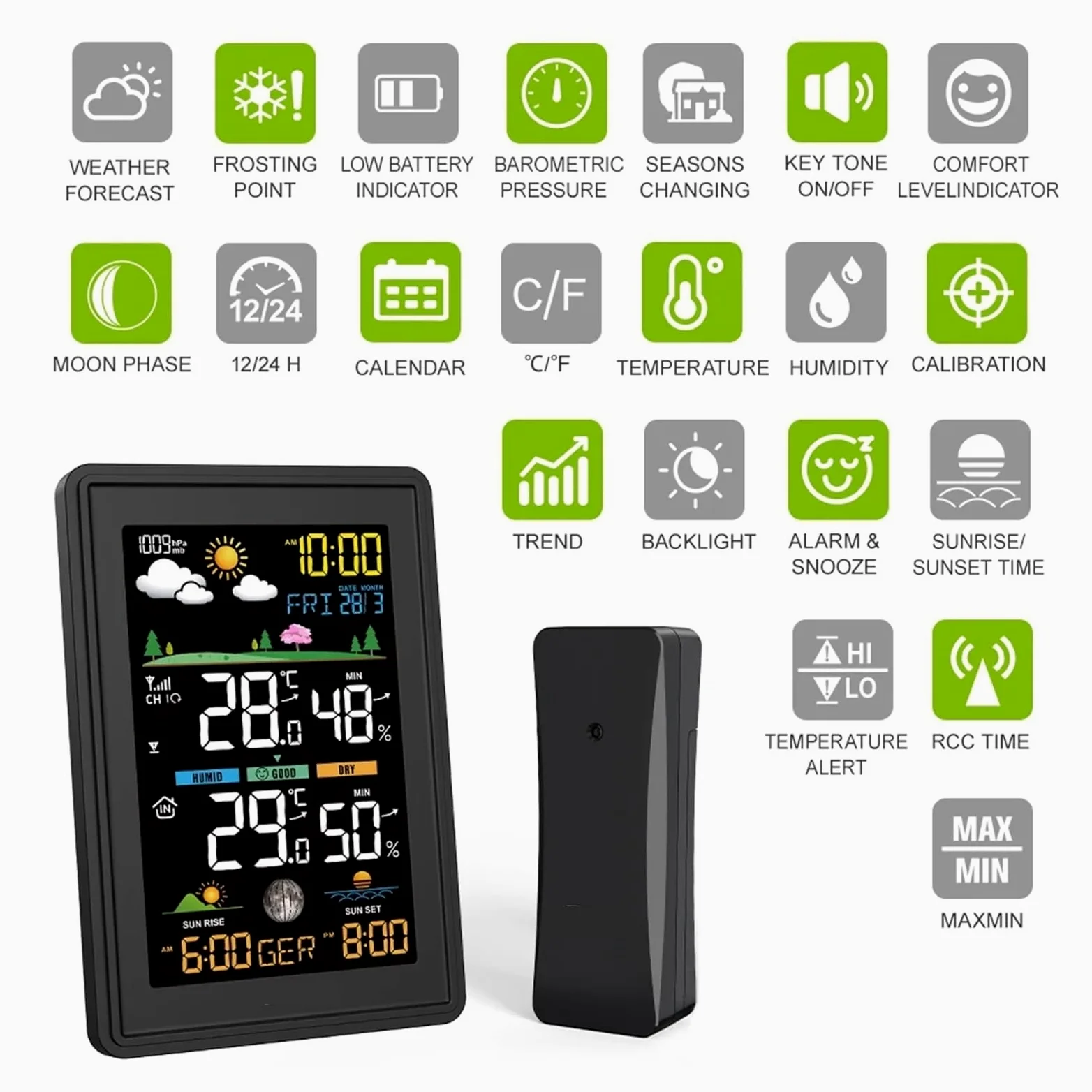 Estación meteorológica inalámbrica a Color, reloj despertador, Monitor Digital de temperatura y humedad, barómetro, pronóstico, tendencia, fase lunar, -40 ℃(P)