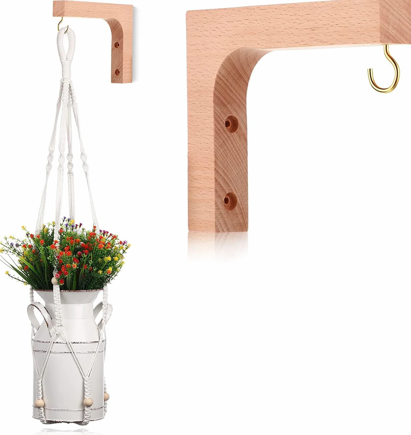 Soporte para Plantas Colgantes de Pared Ganchos de Madera, Carga 20 kg, 2 Piezas