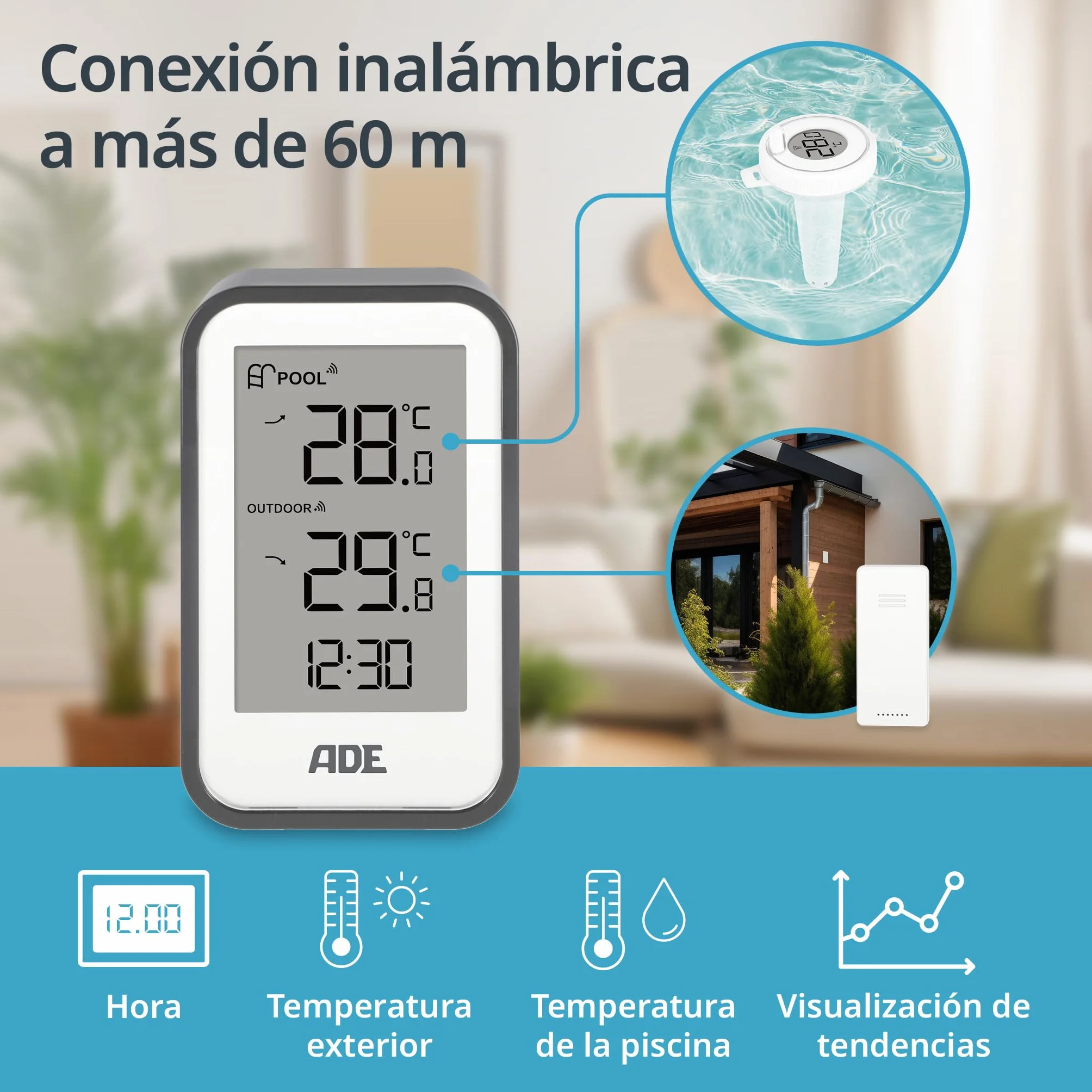 ADE Termómetro digital de piscina flotante con sensor exterior