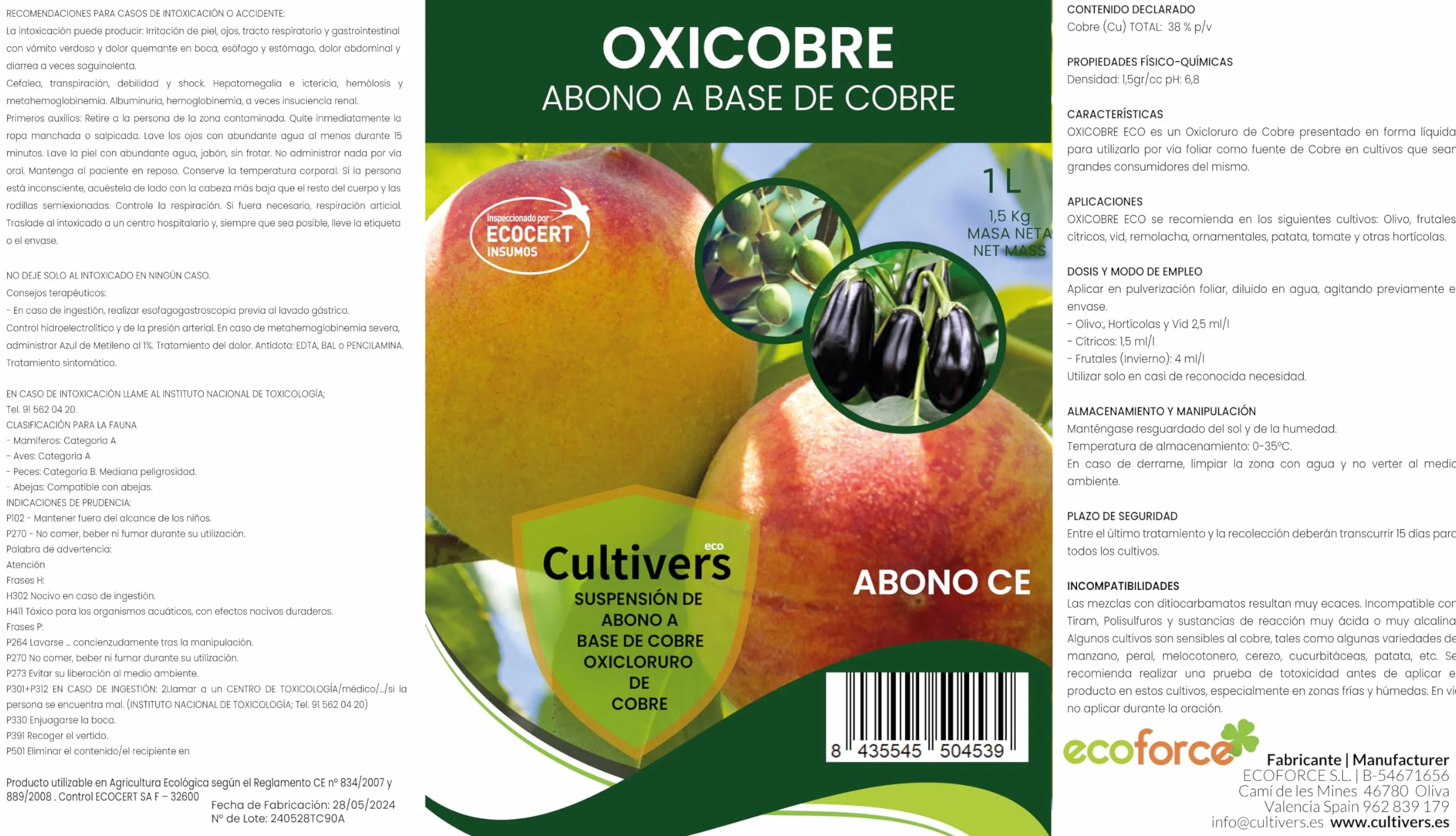 Oxicloruro de Cobre 5L Concentrado 70% Ecológico Fertilizante Cobre