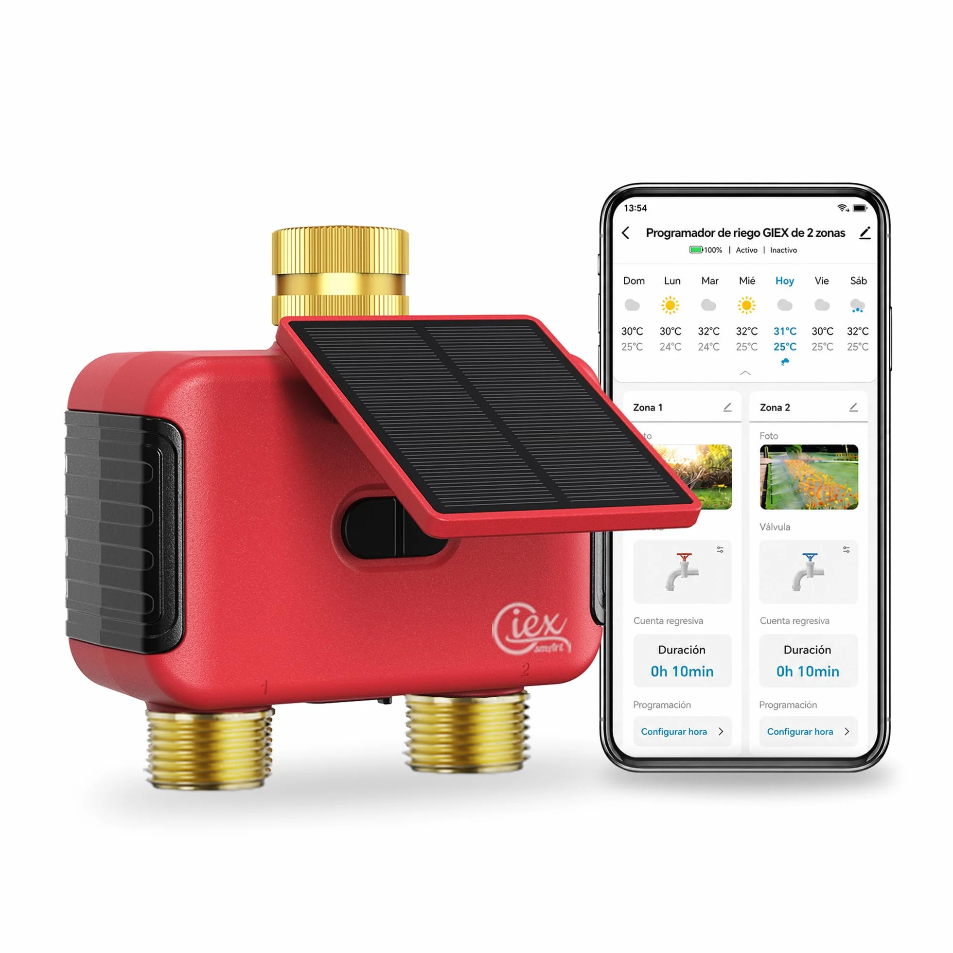 Programador de riego WiFi 2 Zonas, Temporizador Solar Recargable Doble Salida, Conectores Latón, App Smart Life, Alexa Google Assistant