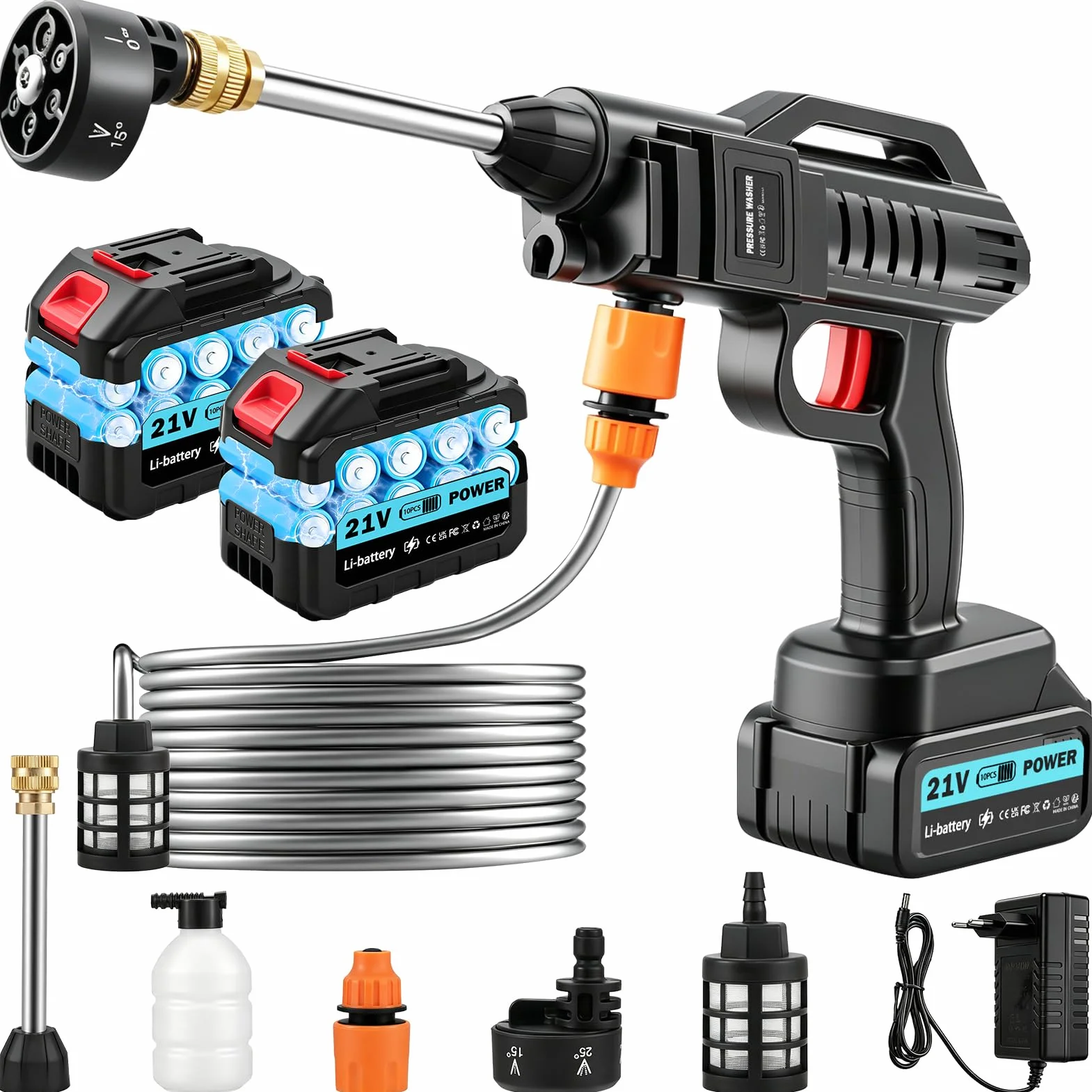 Limpiador de alta presión con batería 100 bar – Limpiador de presión portátil con batería de 21V, boquilla multifunción 6-en-1, 2 baterías de 3000 mAh y manguera de 5 m. Perfecto para el