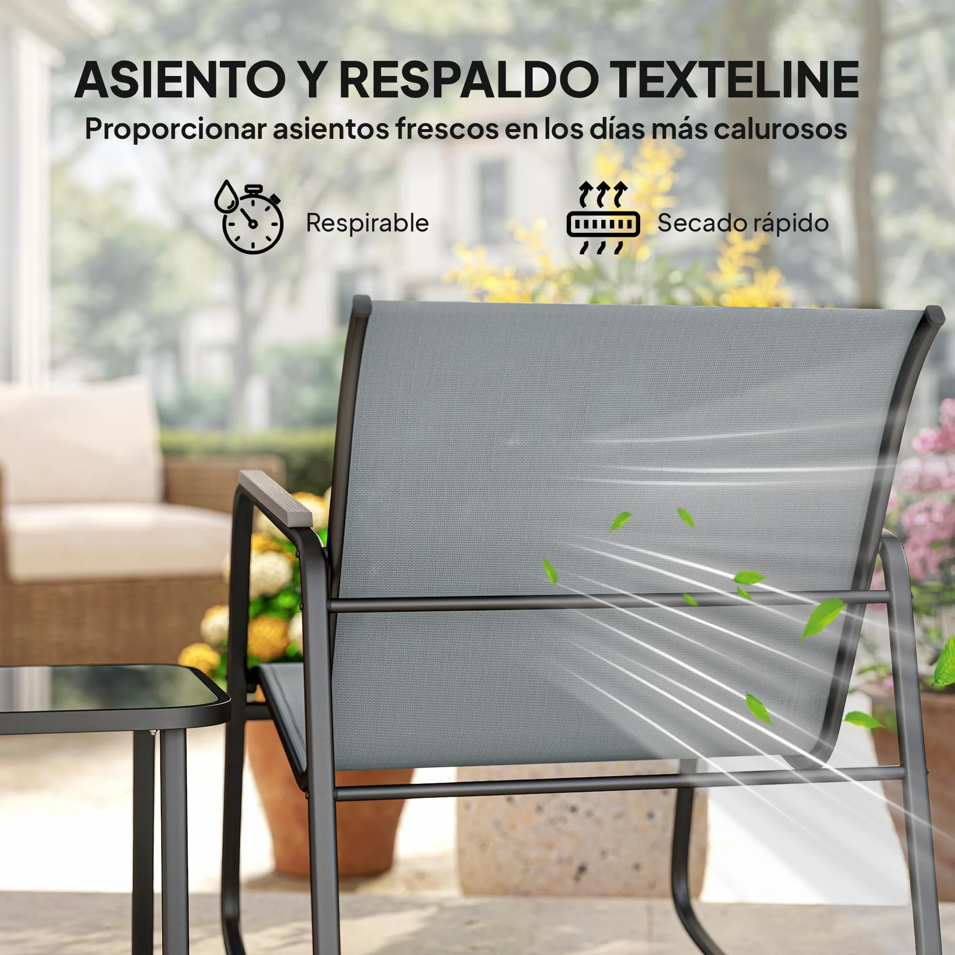 Outsunny Conjunto de Mesa y Sillas de Terraza Exterior 3 Piezas, Muebles de Jardín con 2 Sillas Mecedoras, Mesa de Vidrio y Acero, Gris