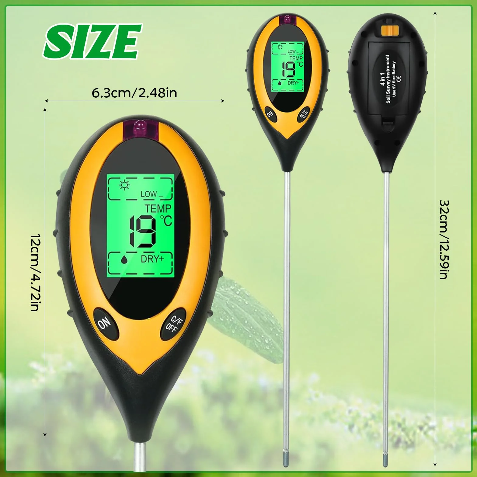 Medidor de Suelo 4 en 1 pH/Humedad/Temperatura/Luz con Pantalla LCD para Jardín y Plantas