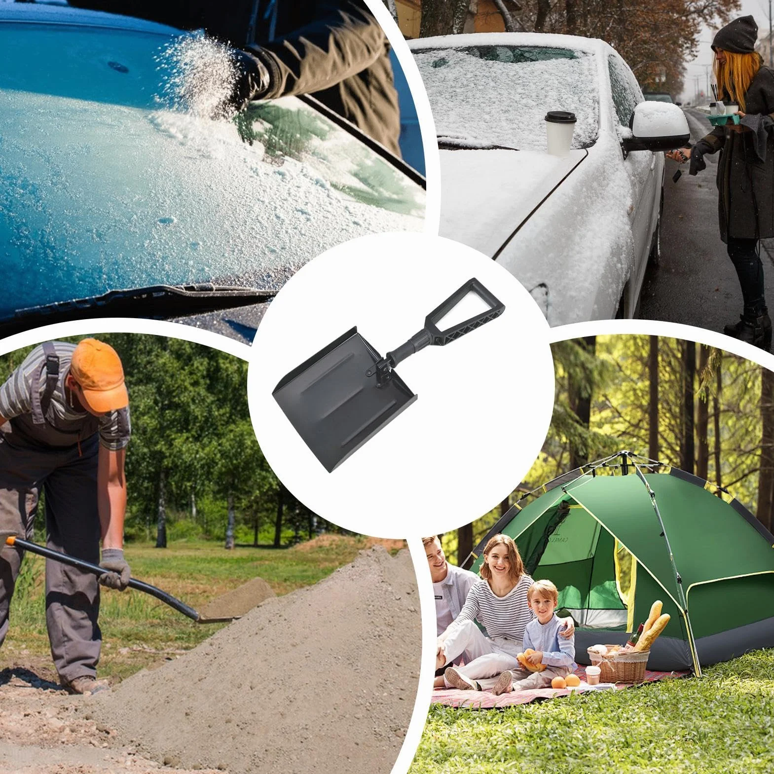 Pala de nieve plegable de aluminio ergonómica ligera telescópica resistente