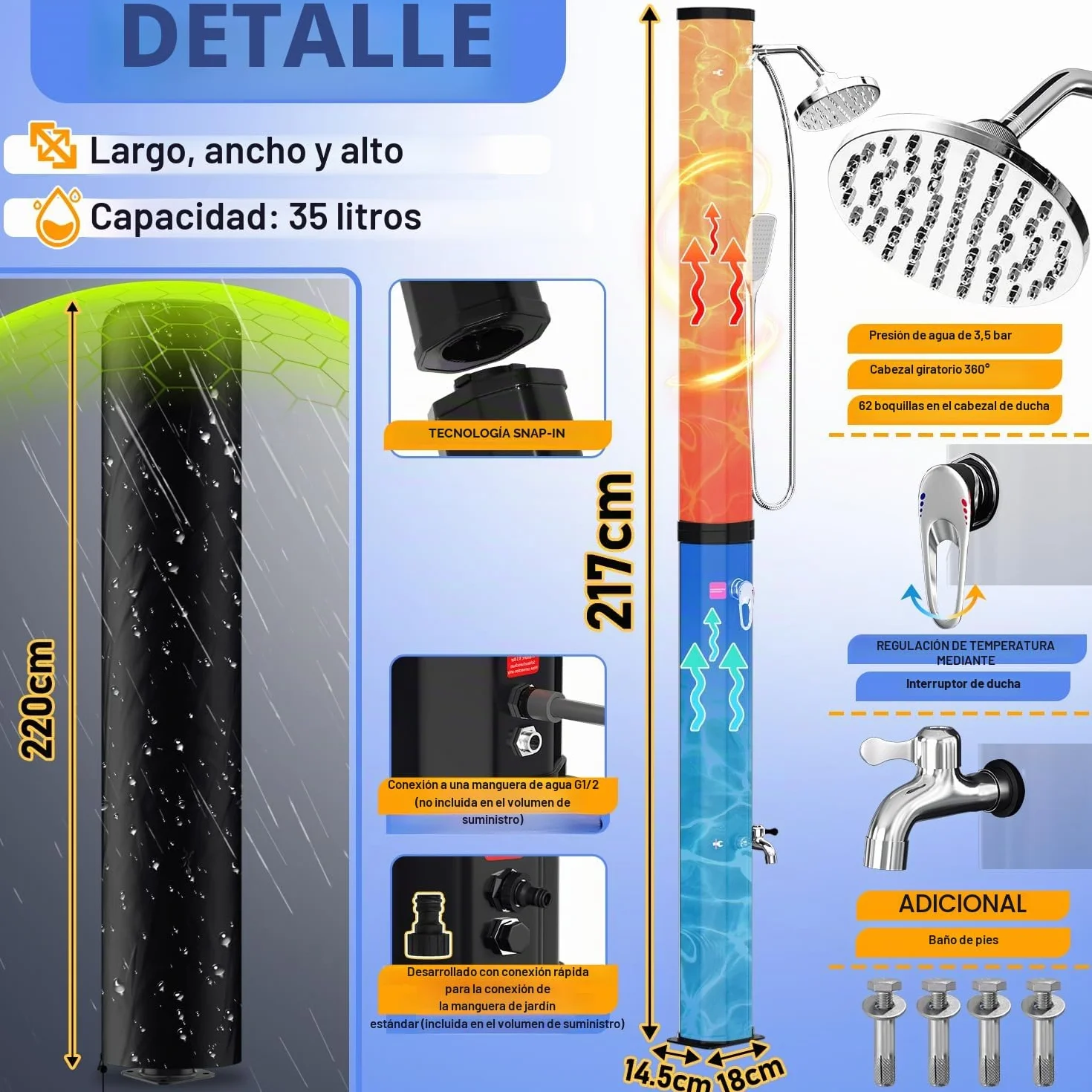 Herrselsam Ducha solar 35 L jardín agua caliente 60 °C camping sin conexión alimentación ducha pies alcachofa mano cabezal lluvia orientable funda