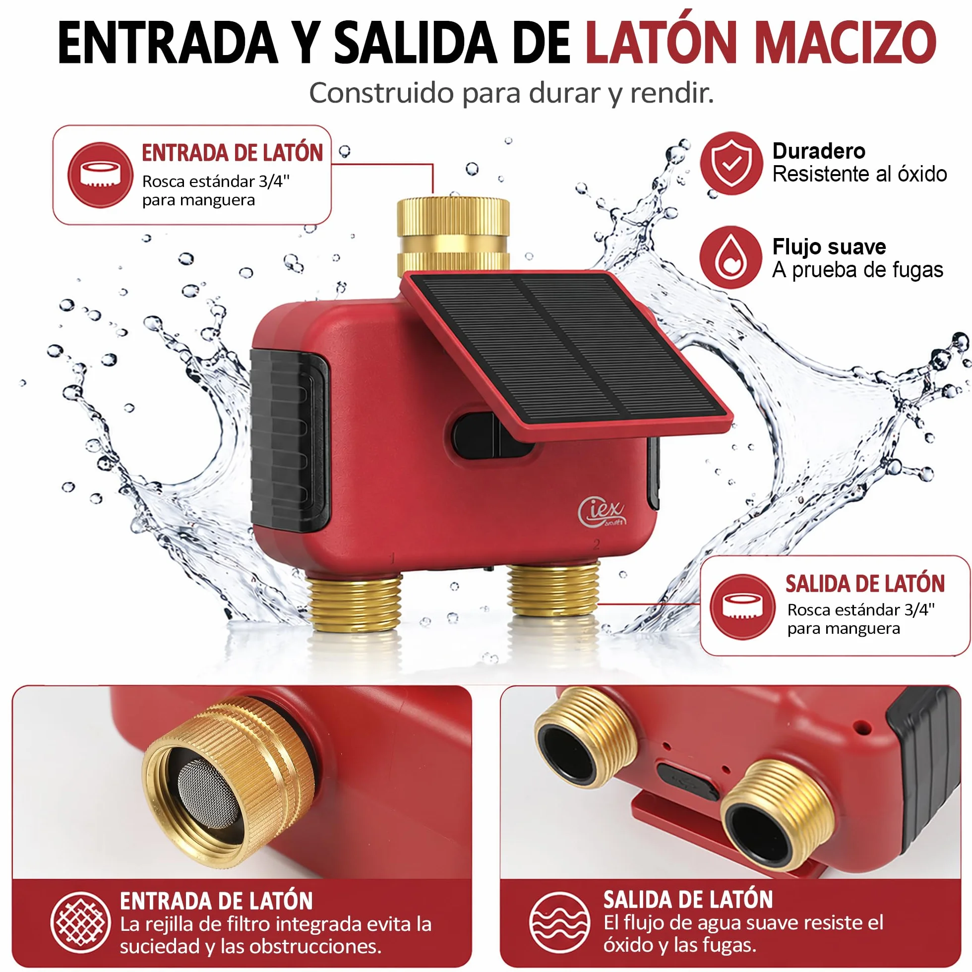 Programador de riego WiFi 2 Zonas, Temporizador Solar Recargable Doble Salida, Conectores Latón, App Smart Life, Alexa Google Assistant