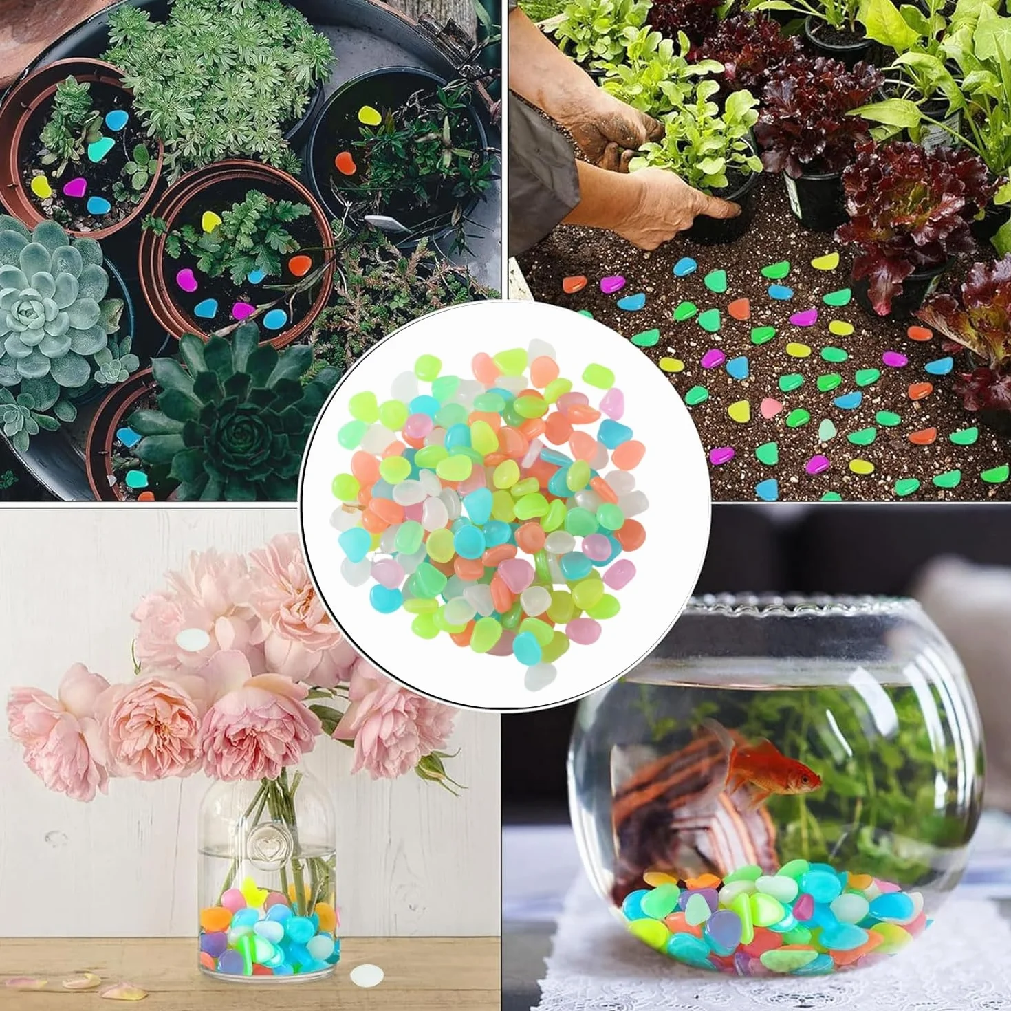 Piedras Luminosas 300 Piezas Guijarros Brillan en la Oscuridad Decorativas para Jardín Acuario (1cm)