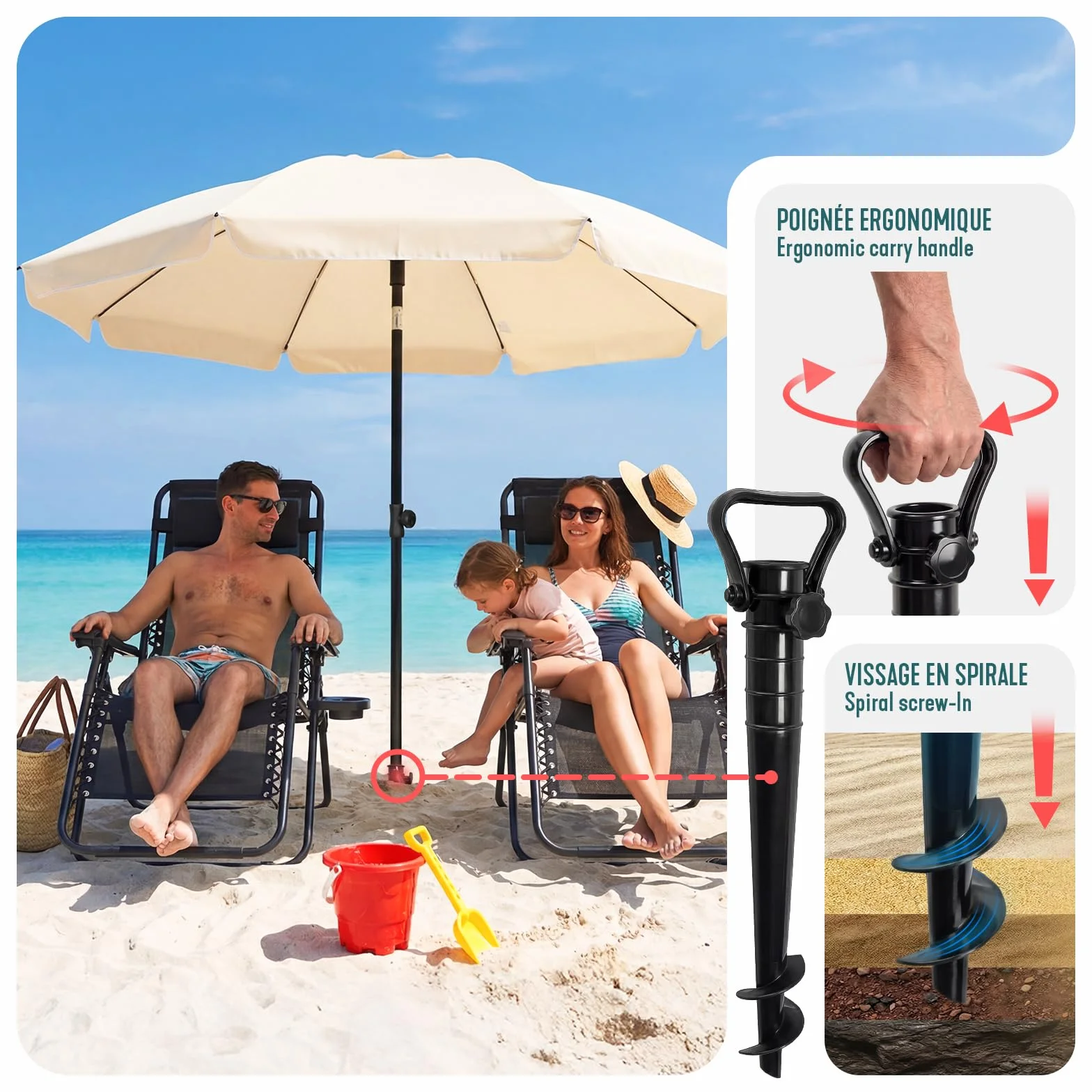 VOUNOT Parasol Playa Grande Ø200cm Protección UV 50+ Soporte Arena Mástil Inclinable Altura Regulable con Bolsa Transporte
